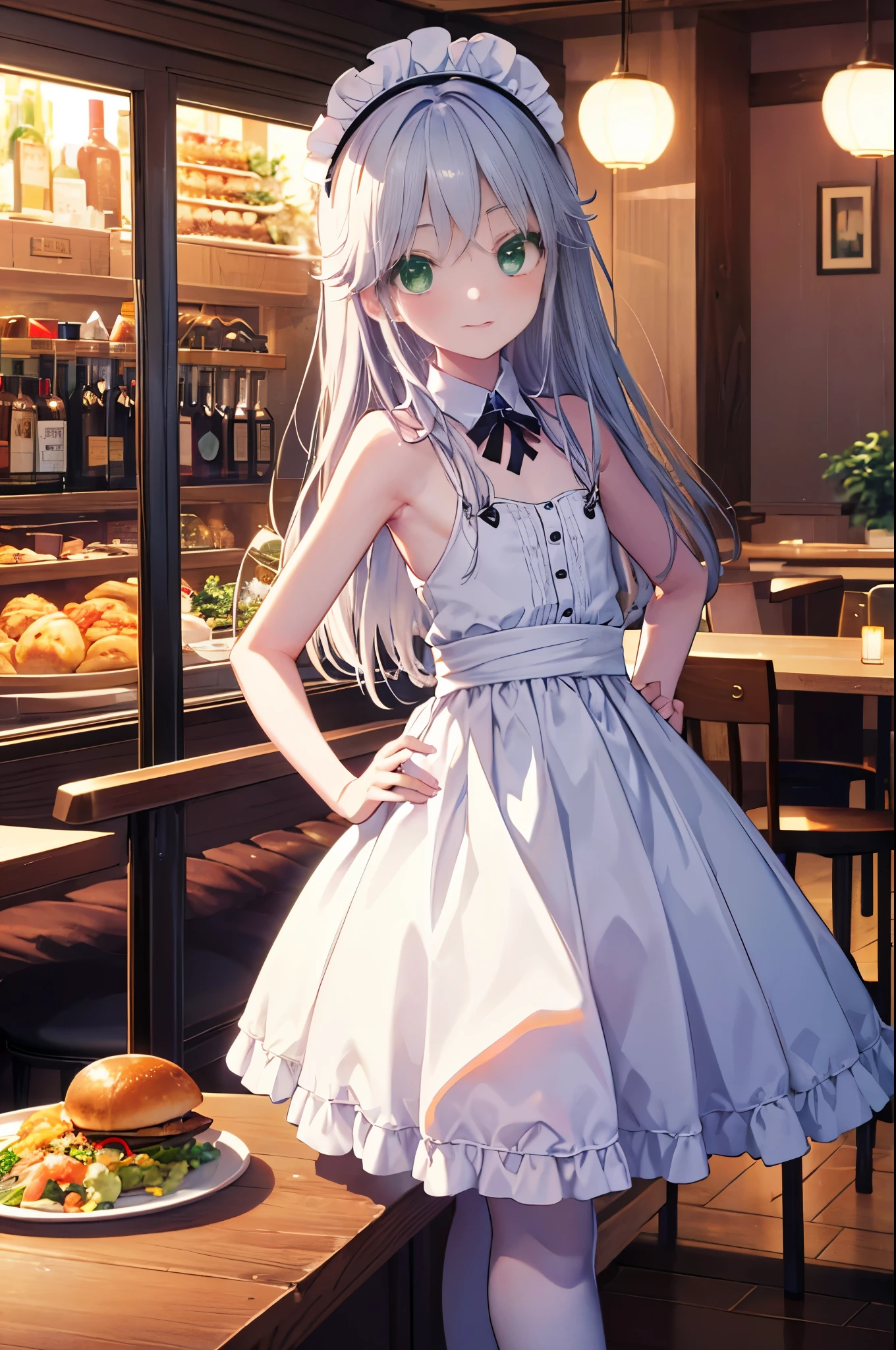 index, index, (green eyes:1.5), silver hair, long hair, (flat chest:1.2),smile,blush,bossy,she was wearing a maid long skirt, white stockings on her legs,put both hands on hips,Standing in honor,bare shoulders,looking up from below,There's a lot of food on the table, break looking at viewer, Upper body, whole body, break indoors, restaurant,viking, break (masterpiece:1.2), highest quality, High resolution, unity 8k wallpaper, (figure:0.8), (detailed and beautiful eyes:1.6), highly detailed face, perfect lighting, Very detailed CG, (perfect hands, perfect anatomy),
