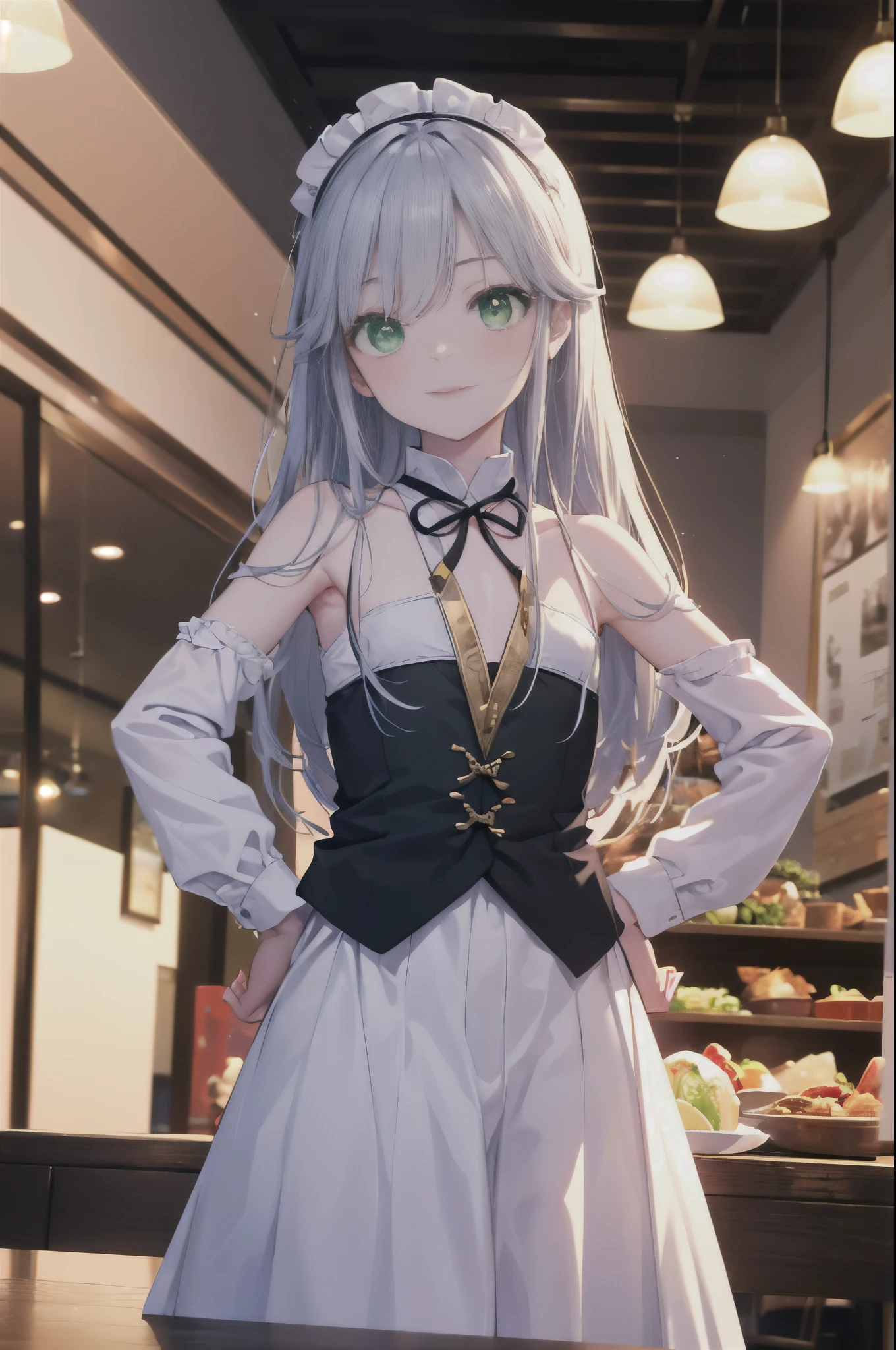 index, index, (green eyes:1.5), silver hair, long hair, (flat chest:1.2),smile,blush,bossy,she was wearing a maid long skirt, white stockings on her legs,put both hands on hips,Standing in honor,bare shoulders,looking up from below,There's a lot of food on the table, break looking at viewer, Upper body, whole body, break indoors, restaurant,viking, break (masterpiece:1.2), highest quality, High resolution, unity 8k wallpaper, (figure:0.8), (detailed and beautiful eyes:1.6), highly detailed face, perfect lighting, Very detailed CG, (perfect hands, perfect anatomy),