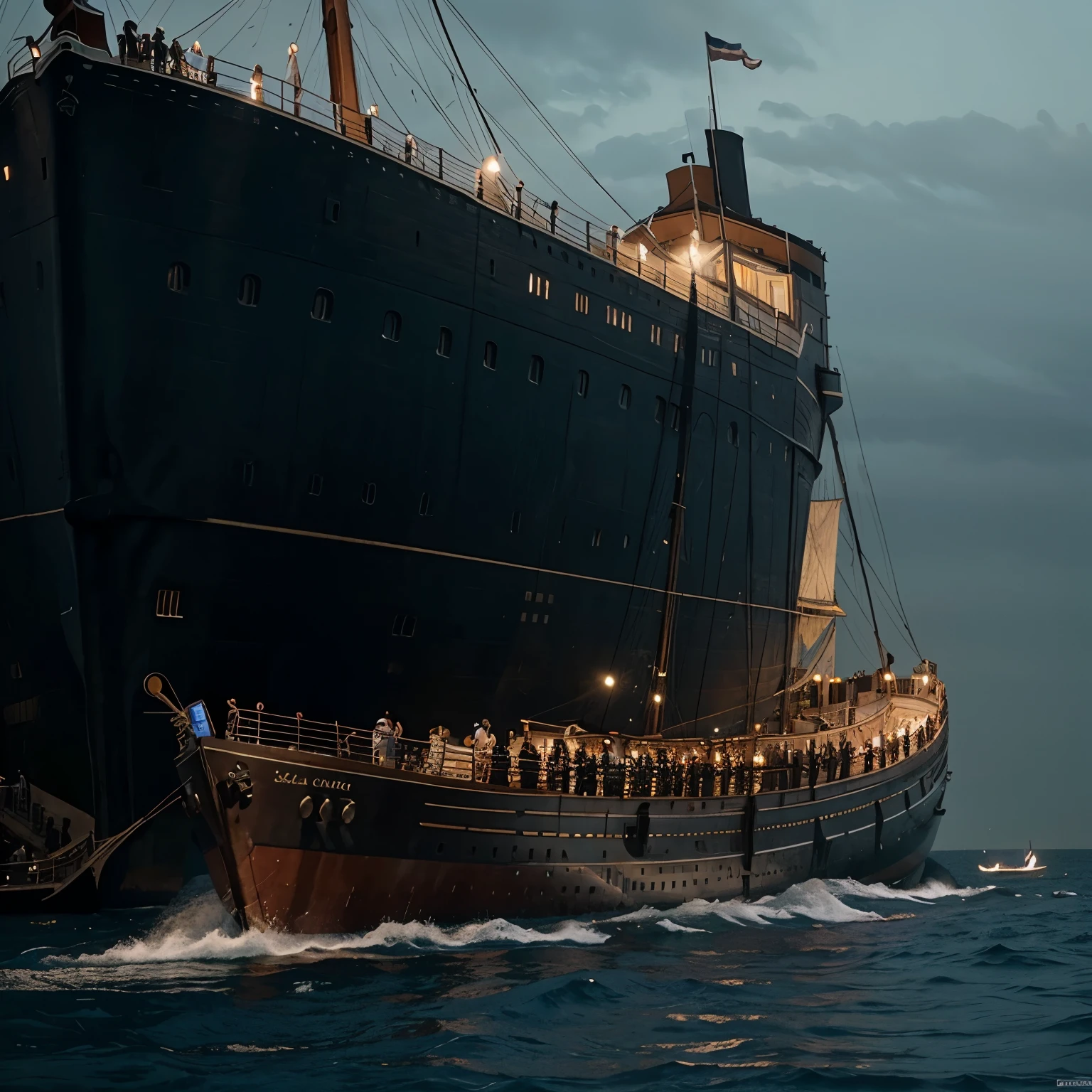Titanic ship sinking and many people scape by small boats and many people falling from tinatic it was in