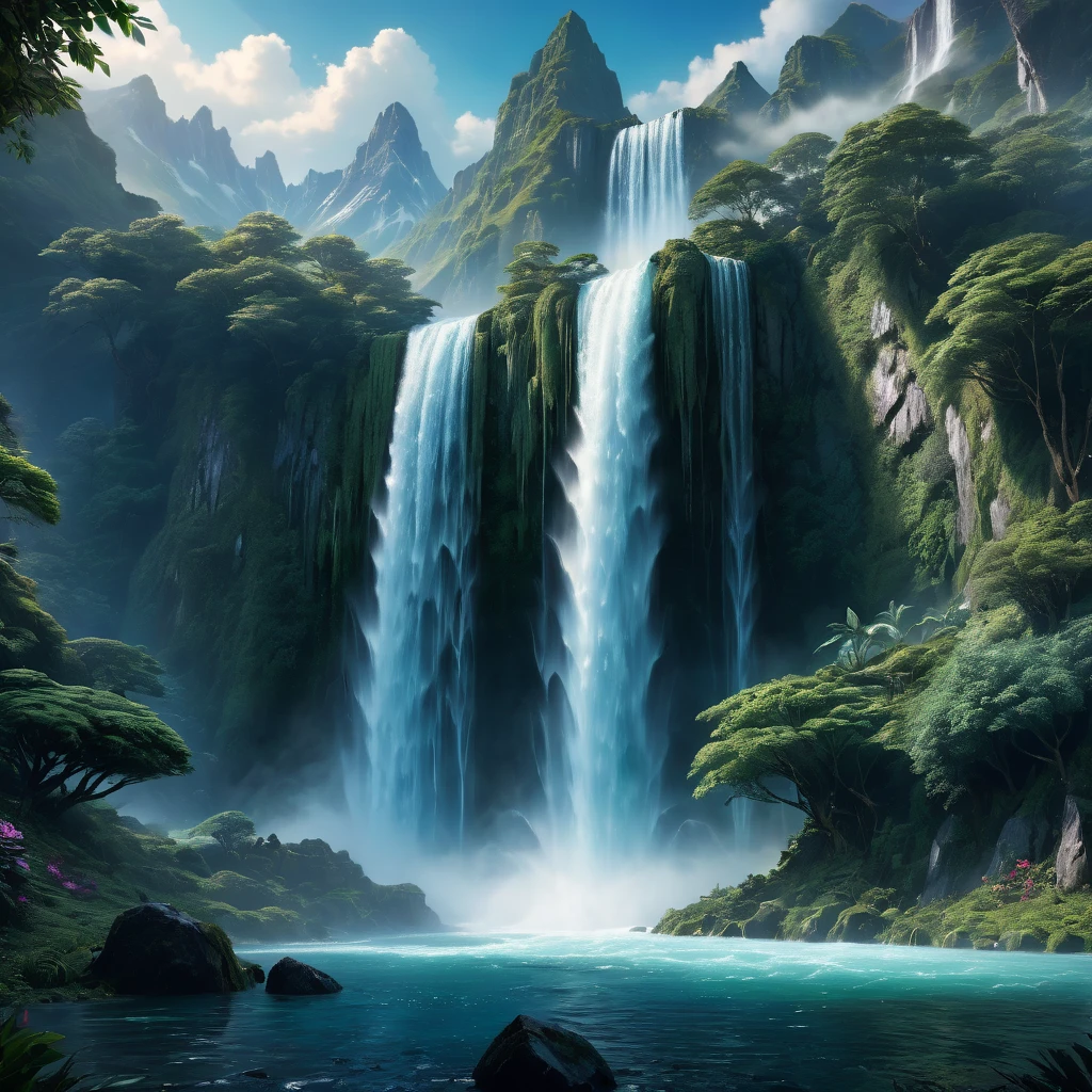 Waterfall, aesthetic, Waterfall and mountains, Epic cinematic brilliant stunning intricate meticulously detailed dramatic atmospheric maximalist digital matte painting, landscape