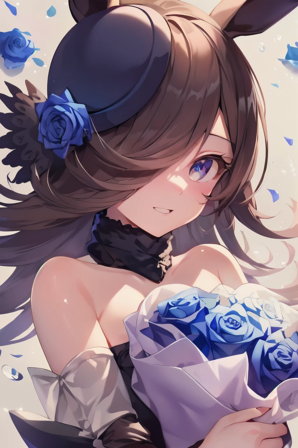 (table top.highest quality).(dynamic angle). (CG painting with very impressive details),(perfect image)、comic strip.shape.1 girl.detailed face、perfect face.delicate face、girl in delicate clothes、rough skin、black hair.length、(Umamimi Girl)Umamimi Girl、((beautiful blue eyes)).delicate and beautiful eyes、fine eyes、reflected eyes、Watery eye、smile.(Holding a bouquet of blue roses:1.3).(Blue petals flutter:0.8)、8k wallpaper、cowboy shot、reflected light、most detailed、Complex、delicate background、rough skin、fine skin、(super resolution)、