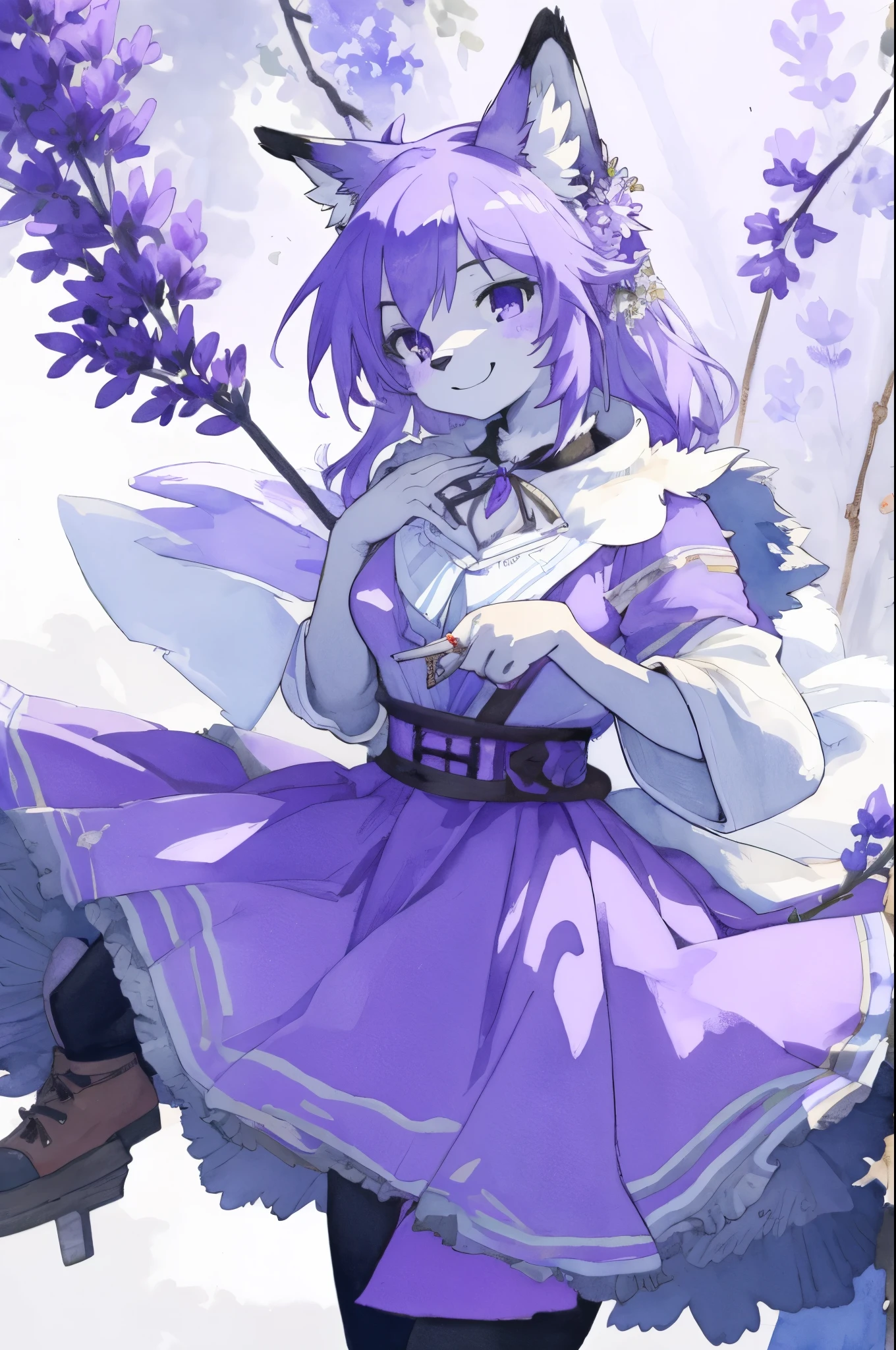 monochrome, watercolor, highres, top quality, best quality, paid reward available, High-quality illustrations, unparalleled masterpiece, perfect artwork, absurdres, 1girl, kemono, furry, detailed body fur, animal face, animal hand, Archaic Smile, holding a cluster of purple lavender in both hands, which are positioned at chest level, She is wearing a simple ring on the ring finger of her left hand, unfocused spread of purple lavender, fan-created work shared on platforms Pixiv or Twitter,