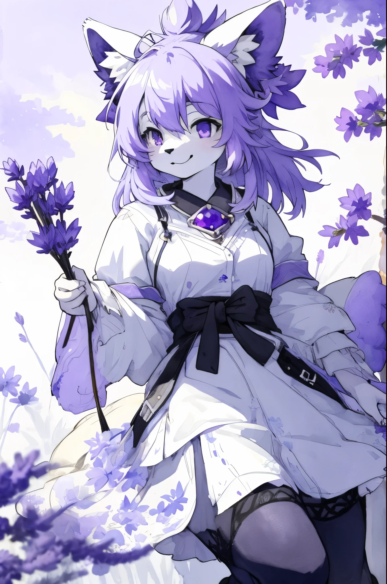 monochrome, watercolor, highres, top quality, best quality, paid reward available, High-quality illustrations, unparalleled masterpiece, perfect artwork, absurdres, 1girl, kemono, furry, detailed body fur, animal face, animal hand, Archaic Smile, holding a cluster of purple lavender in both hands, which are positioned at chest level, She is wearing a simple ring on the ring finger of her left hand, unfocused spread of purple lavender, fan-created work shared on platforms Pixiv or Twitter,