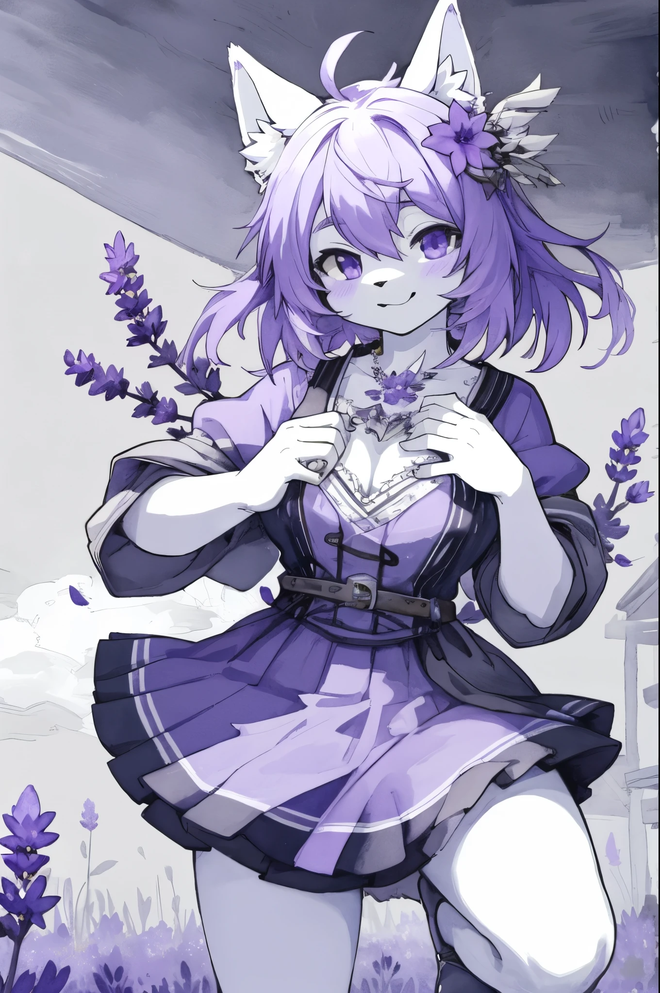 monochrome, watercolor, highres, top quality, best quality, paid reward available, High-quality illustrations, unparalleled masterpiece, perfect artwork, absurdres, 1girl, kemono, furry, detailed body fur, animal face, animal hand, Archaic Smile, holding a cluster of purple lavender in both hands, which are positioned at chest level, She is wearing a simple ring on the ring finger of her left hand, unfocused spread of purple lavender, fan-created work shared on platforms Pixiv or Twitter,
