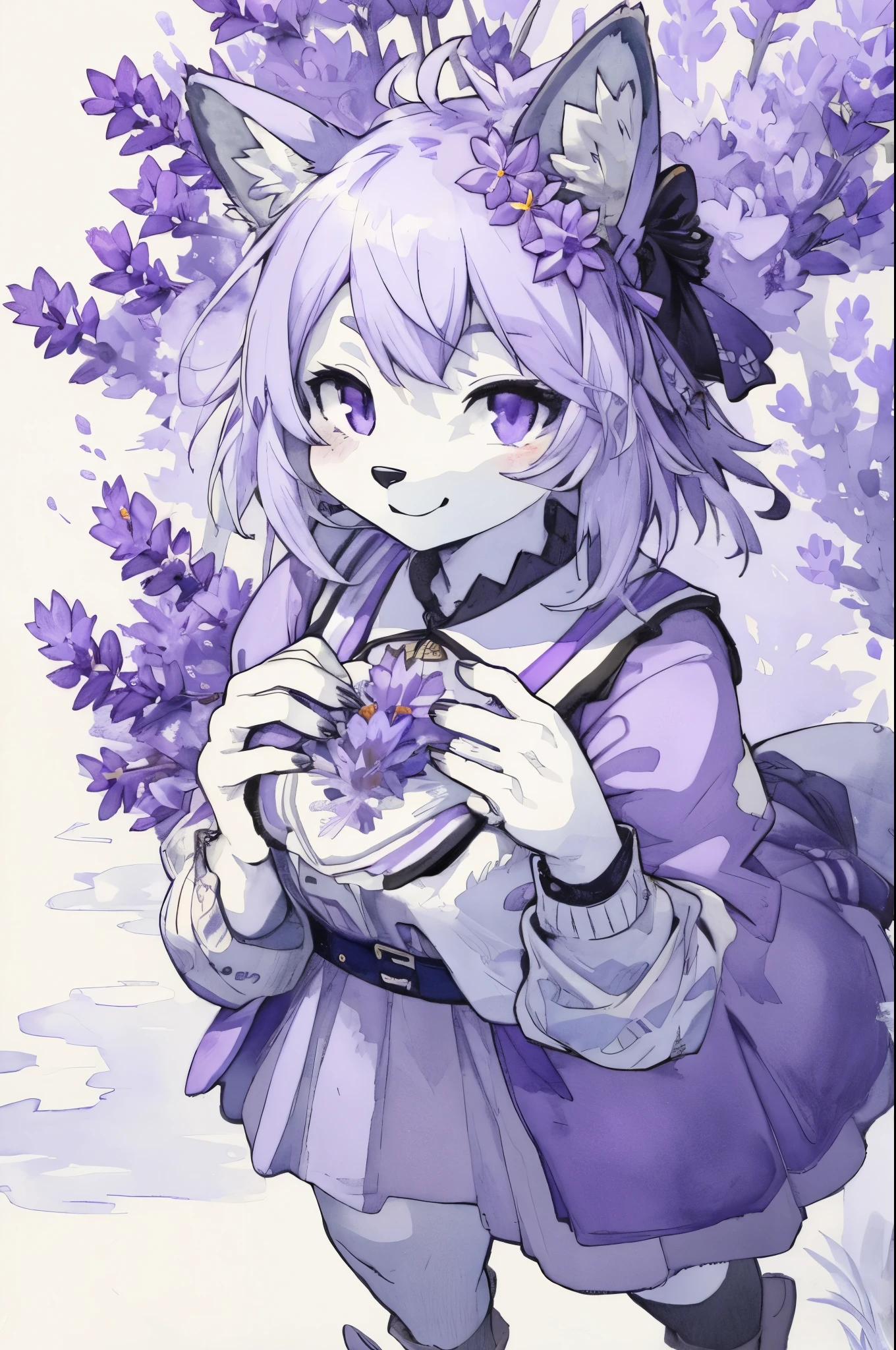 monochrome, watercolor, highres, top quality, best quality, paid reward available, High-quality illustrations, unparalleled masterpiece, perfect artwork, absurdres, 1girl, kemono, furry, detailed body fur, animal face, animal hand, Archaic Smile, holding a cluster of purple lavender in both hands, which are positioned at chest level, She is wearing a simple ring on the ring finger of her left hand, unfocused spread of purple lavender, fan-created work shared on platforms Pixiv or Twitter,