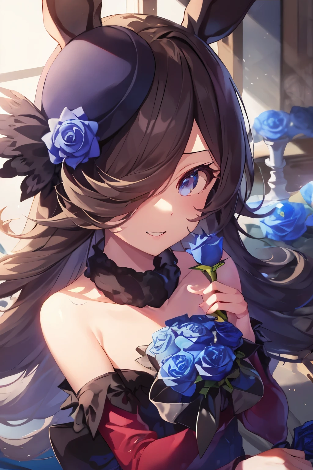 (table top.highest quality).(dynamic angle). (CG painting with very impressive details),(perfect image)、comic strip.shape.1 girl.detailed face、perfect face.delicate face、girl in delicate clothes、rough skin、black hair.length、(Umamimi Girl)Umamimi Girl、((beautiful blue eyes)).delicate and beautiful eyes、fine eyes、reflected eyes、Watery eye、smile.(Holding a bouquet of blue roses:1.3).(Blue petals flutter:0.8)、8k wallpaper、cowboy shot、reflected light、most detailed、Complex、delicate background、rough skin、fine skin、(super resolution)、