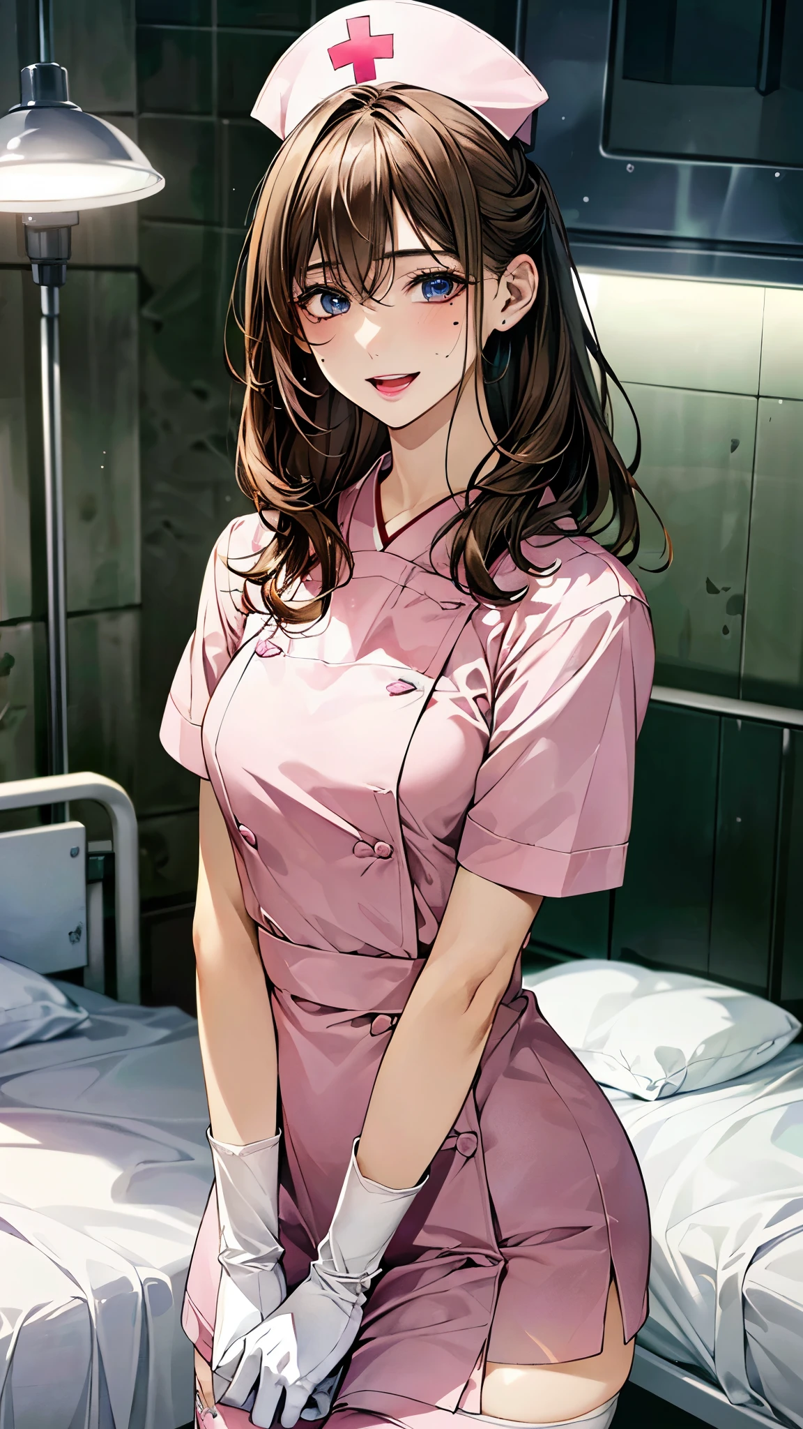 (masterpiece:1.2, top-quality, ultra high res, ultra detailed), (realistic, photorealistic:1.4), beautiful illustration, (natural side lighting, movie lighting), 
looking at viewer, (face focus, upper body), 1 girl, japanese, nurse, 19 years old, perfect face, (perfect anatomy), cute and symmetrical face, baby face, shiny skin, slender
(middle hair:1.1, half updo:1.5, light brown hair), hair between eyes, blue eyes, mole under eye, pink lips, long eye lasher, (medium breasts), 
beautiful hair, beautiful face, beautiful detailed eyes, beautiful clavicle, beautiful body, beautiful chest, beautiful thigh, beautiful legs, 
((detailed cloth texture, nurse cap, short sleeves, light pink mini nurse wear, white legwear, zettai ryouiki, white gloves)), 
(beautiful scenery), day time, (inside hospital bed-room, modern), standing, (seductive smile, upper eyes, open mouth), 