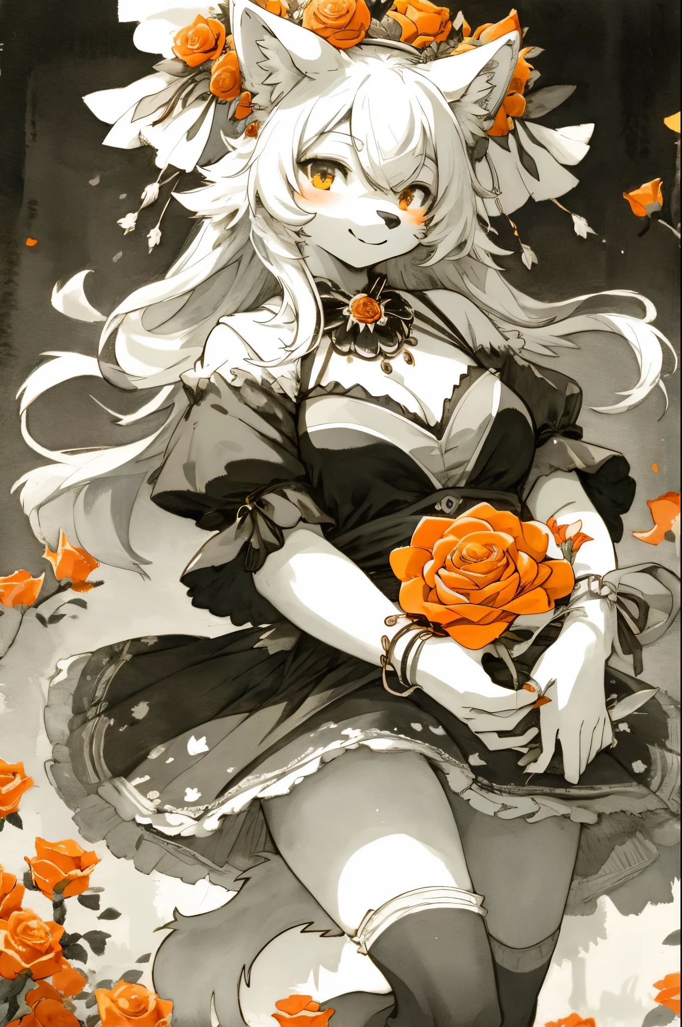monochrome, watercolor, highres, top quality, best quality, paid reward available, High-quality illustrations, unparalleled masterpiece, perfect artwork, absurdres, 1girl, kemono, furry, detailed body fur, animal face, animal hand, Archaic Smile, holding a cluster of Black flower in both hands, which are positioned at chest level, She is wearing a simple ring on the ring finger of her left hand, unfocused spread of Black flower, fan-created work shared on platforms Pixiv or Twitter,