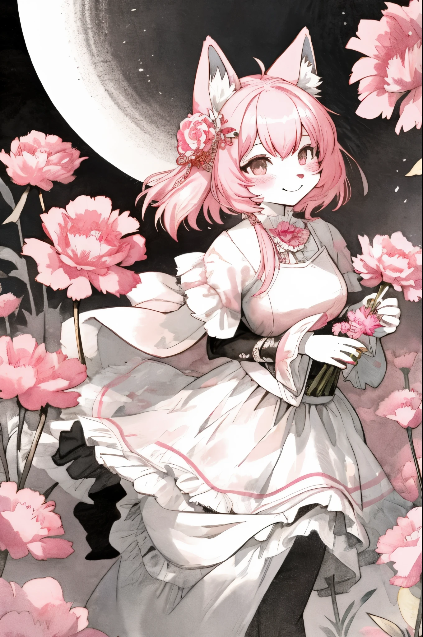 monochrome, watercolor, highres, top quality, best quality, paid reward available, High-quality illustrations, unparalleled masterpiece, perfect artwork, absurdres, 1girl, kemono, furry, detailed body fur, animal face, animal hand, Archaic Smile, holding a cluster of pink carnation in both hands, which are positioned at chest level, She is wearing a simple ring on the ring finger of her left hand, unfocused spread of pink carnation, fan-created work shared on platforms Pixiv or Twitter,