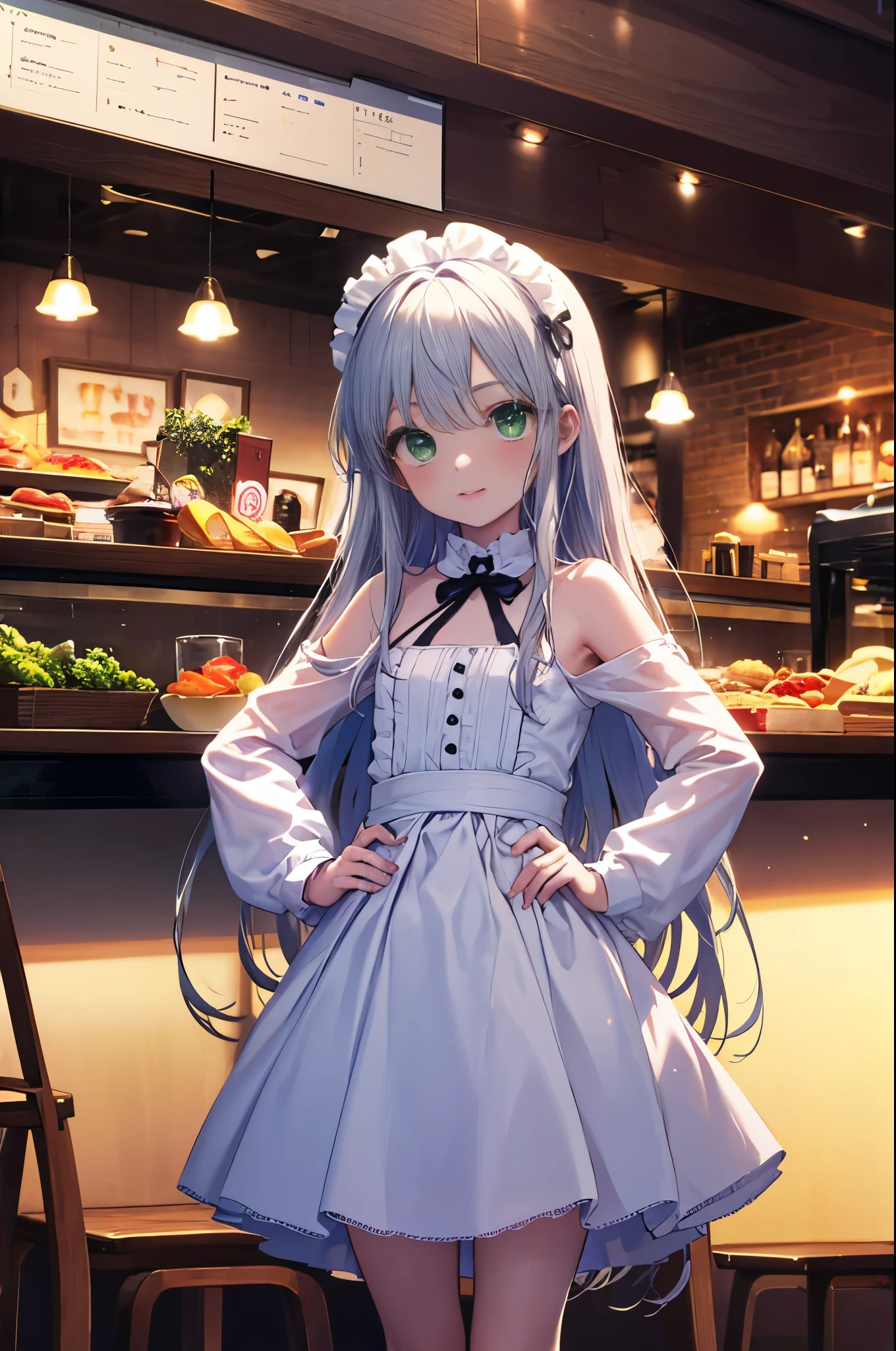 index, index, (green eyes:1.5), silver hair, long hair, (flat chest:1.2),smile,blush,bossy,she was wearing a maid long skirt, white stockings on her legs,put both hands on hips,Standing in honor,bare shoulders,looking up from below,There's a lot of food on the table, break looking at viewer, Upper body, whole body, break indoors, restaurant,viking, break (masterpiece:1.2), highest quality, High resolution, unity 8k wallpaper, (figure:0.8), (detailed and beautiful eyes:1.6), highly detailed face, perfect lighting, Very detailed CG, (perfect hands, perfect anatomy),
