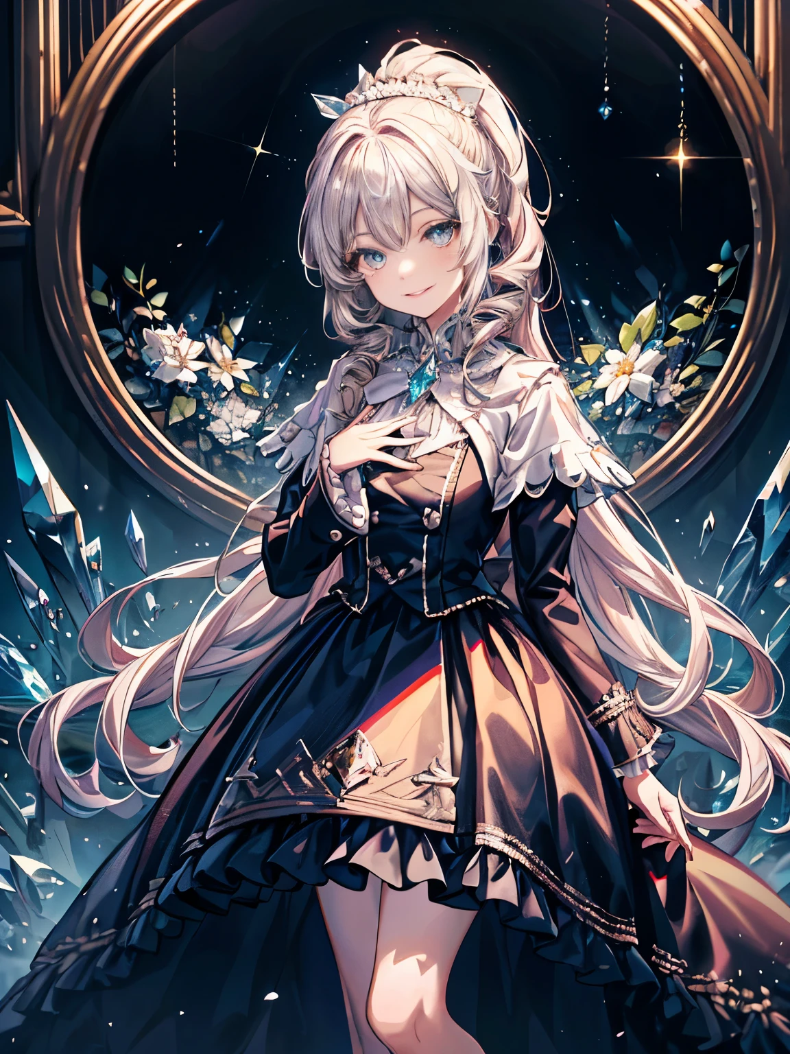 dramatic composition, coat style dress, royal, nice, カスケードfrills, frills, bow, crystal chandelier, roman curly hairstyle, ponette, double ponytail like a drill, look at the camera, bangs, maximalism, palace background, Delicate depiction of hair and eyes, princess dress, nice skirts, flowers in hand, smile, Eyes like the starry sky, cinematic light, extreme detail, High resolution, happy girl, very long hair, diamond, broken diamond, crystal shards, particles of light