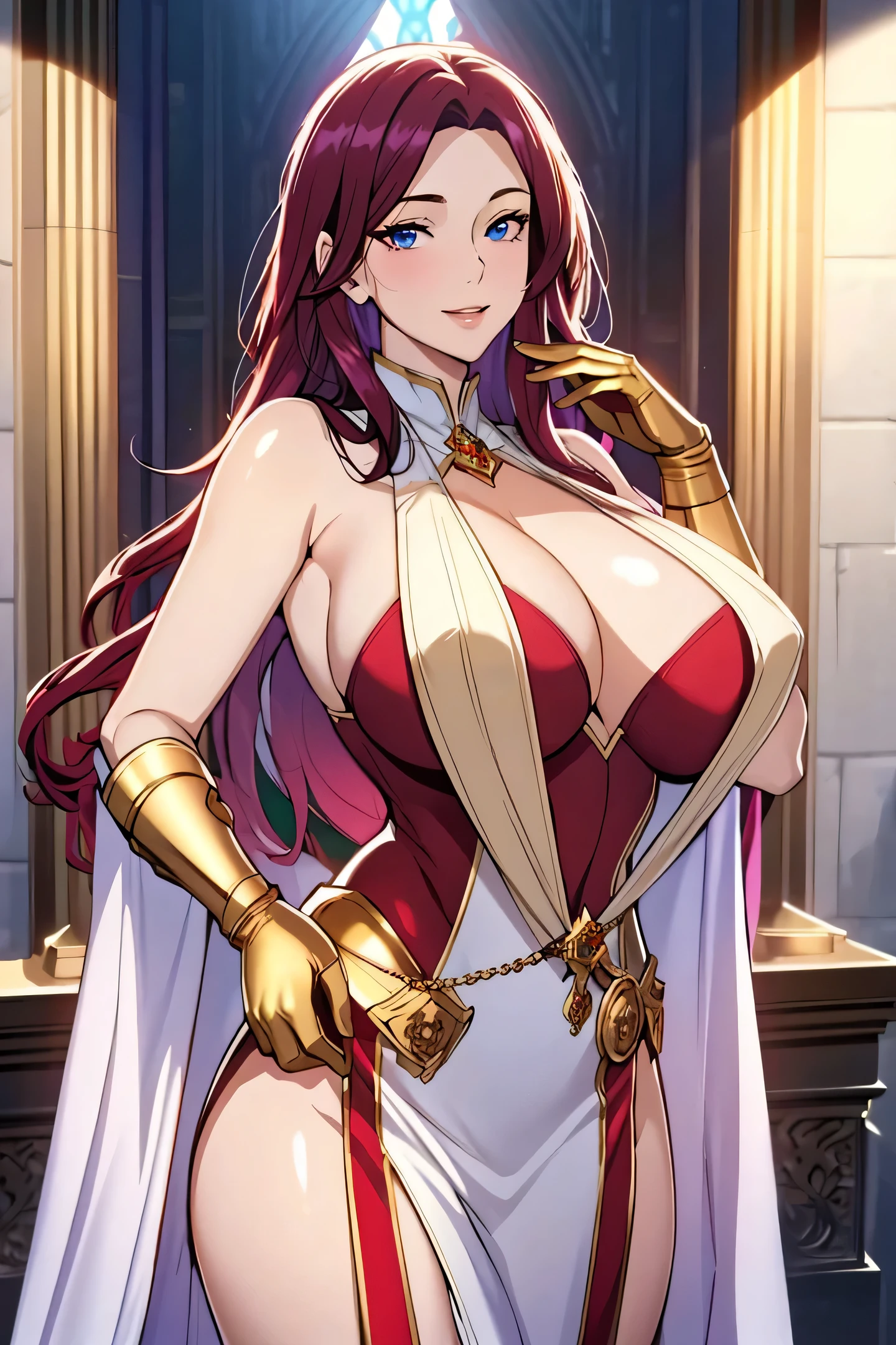 Lian, burgundy hair, hair stick, bangs, blue eyes, solo, smiling, standing, upper body, hips, bare shoulders,purple thighhighs, white dress, gold jewelry,armor,gloves,circlet, cleavage, red and gold royal castle, gigantic breasts, (best quality, masterpiece, beautiful and aesthetic:1.2, highest detailed face, perfect face,) eyes, perfect face,expressive eyes,
looking at viewer, in the center of the image,(Upper_body),(Focus on her face),
official art,extremely detailed CG unity 8k wallpaper, perfect lighting,Colorful, Bright_Front_face_Lighting,shiny skin,
(masterpiece:1.0),(best_quality:1.0), ultra high res,4K,ultra-detailed