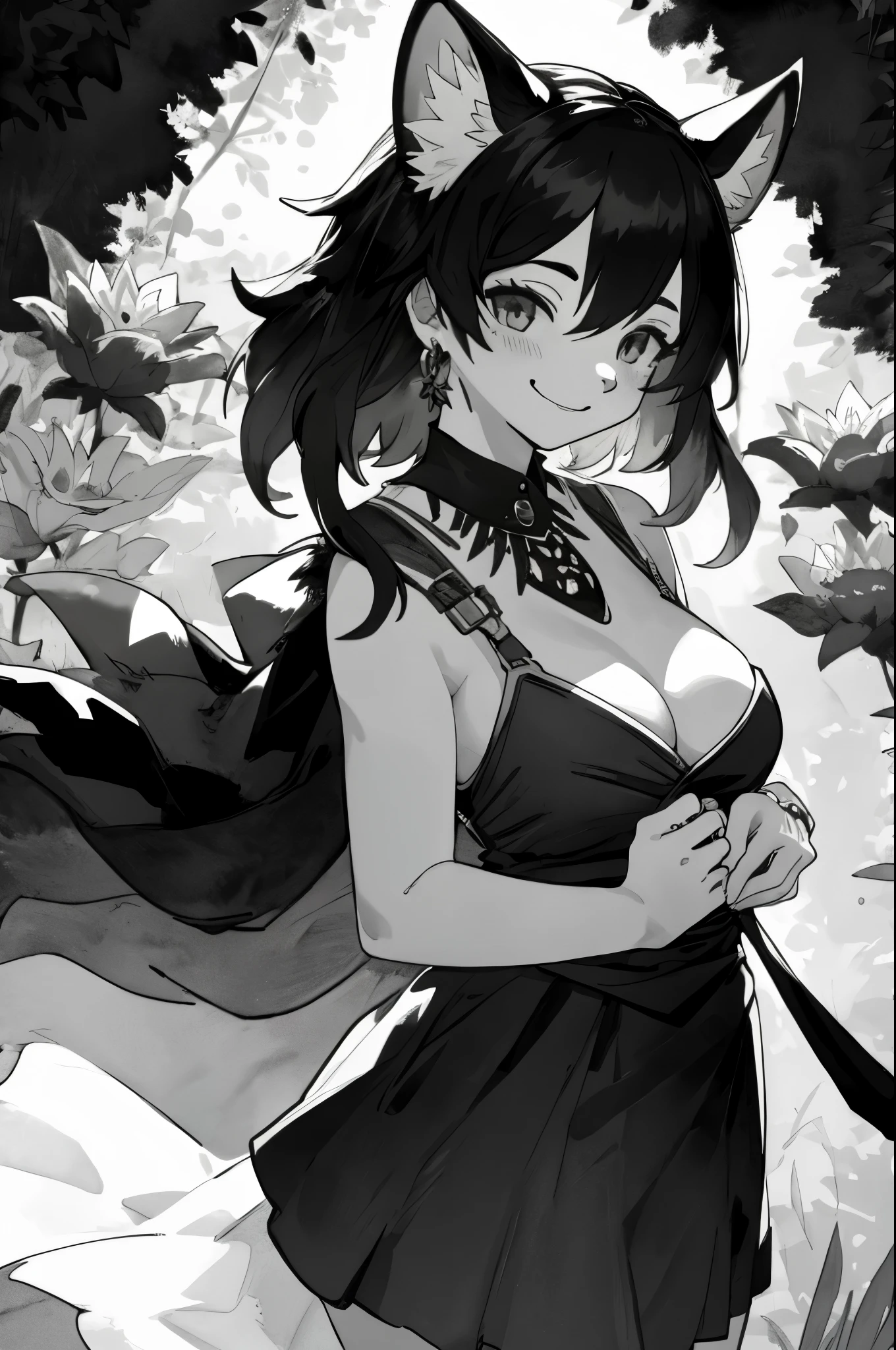monochrome, watercolor, highres, top quality, best quality, paid reward available, High-quality illustrations, unparalleled masterpiece, perfect artwork, absurdres, 1girl, kemono, furry, detailed body fur, animal face, animal hand, Archaic Smile, holding a cluster of black Dahlia in both hands, which are positioned at chest level, She is wearing a simple ring on the ring finger of her left hand, unfocused spread of black Dahlia, fan-created work shared on platforms Pixiv or Twitter,