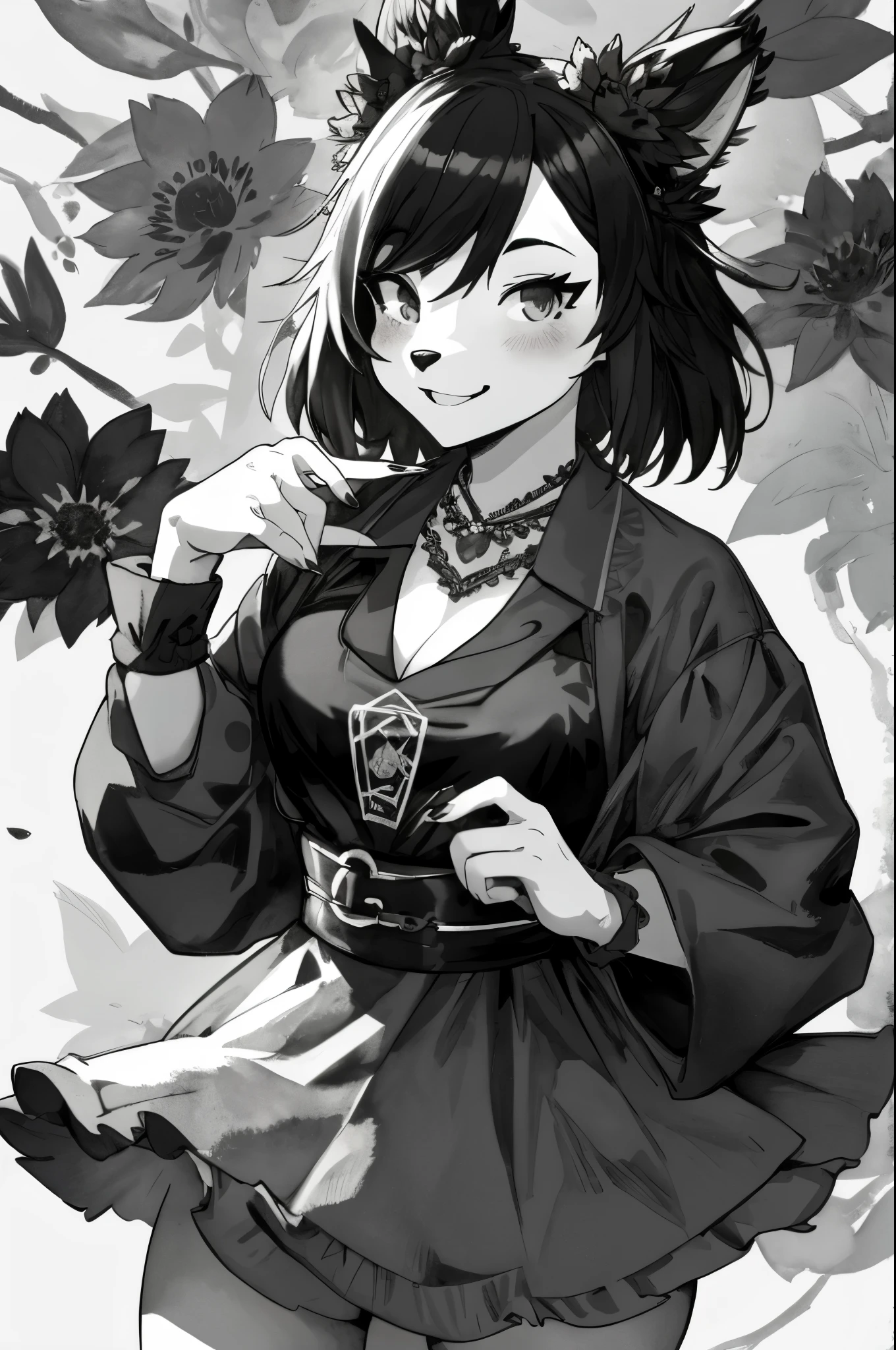 monochrome, watercolor, highres, top quality, best quality, paid reward available, High-quality illustrations, unparalleled masterpiece, perfect artwork, absurdres, 1girl, kemono, furry, detailed body fur, animal face, animal hand, Archaic Smile, holding a cluster of black Dahlia in both hands, which are positioned at chest level, She is wearing a simple ring on the ring finger of her left hand, unfocused spread of black Dahlia, fan-created work shared on platforms Pixiv or Twitter,
