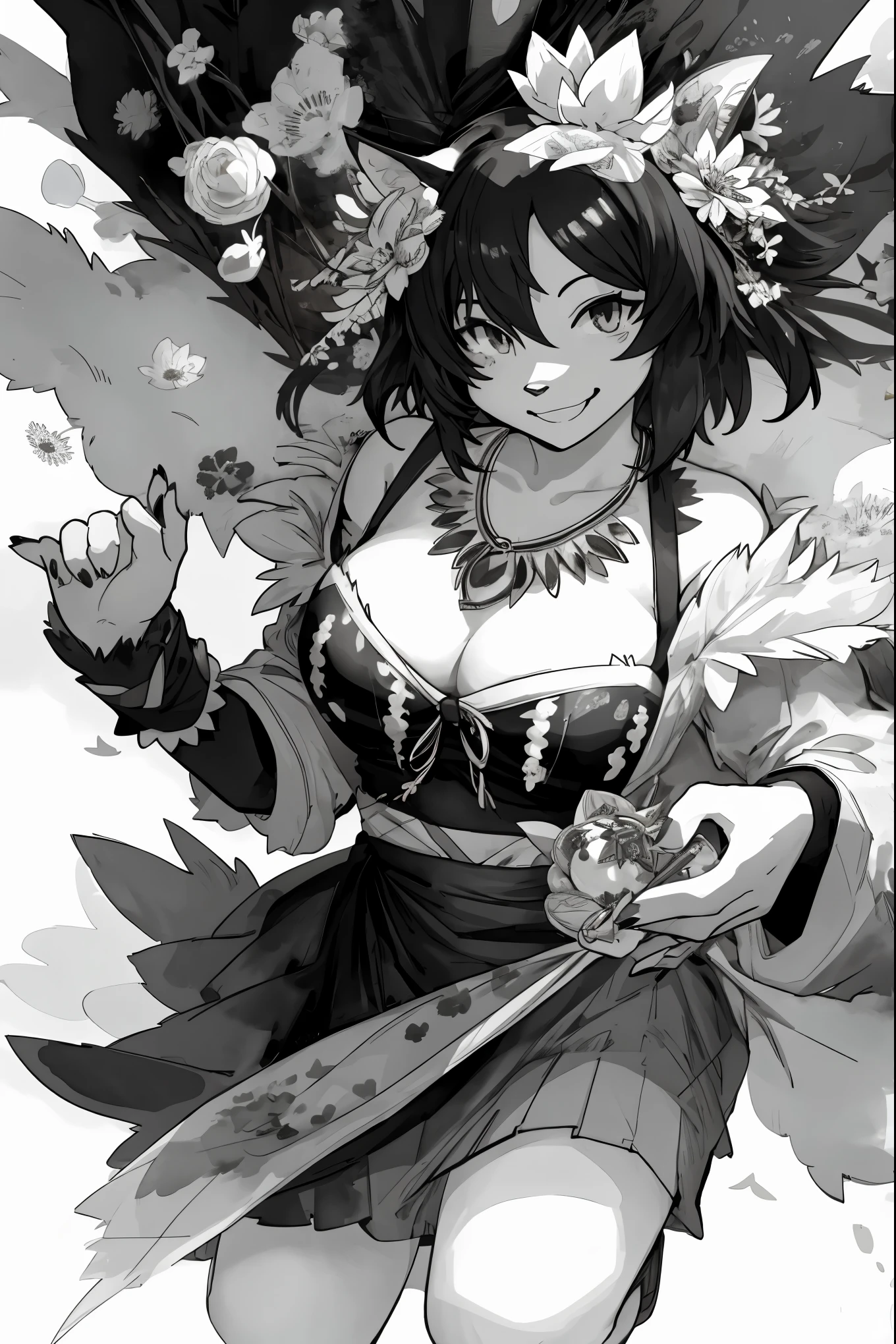 monochrome, watercolor, highres, top quality, best quality, paid reward available, High-quality illustrations, unparalleled masterpiece, perfect artwork, absurdres, 1girl, kemono, furry, detailed body fur, animal face, animal hand, Archaic Smile, holding a cluster of black Dahlia in both hands, which are positioned at chest level, She is wearing a simple ring on the ring finger of her left hand, unfocused spread o black Dahlia, fan-created work shared on platforms Pixiv or Twitter,