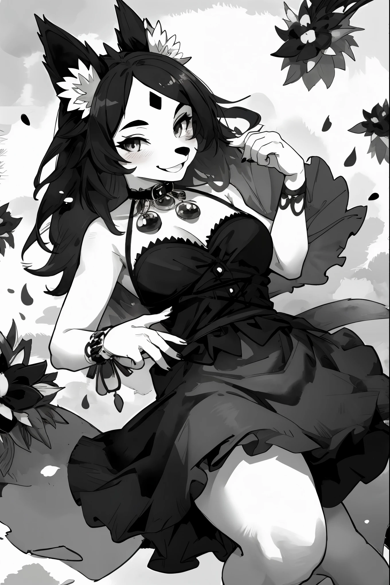monochrome, watercolor, highres, top quality, best quality, paid reward available, High-quality illustrations, unparalleled masterpiece, perfect artwork, absurdres, 1girl, kemono, furry, detailed body fur, animal face, animal hand, Archaic Smile, holding a cluster of black Dahlia in both hands, which are positioned at chest level, She is wearing a simple ring on the ring finger of her left hand, unfocused spread o black Dahlia, fan-created work shared on platforms Pixiv or Twitter,