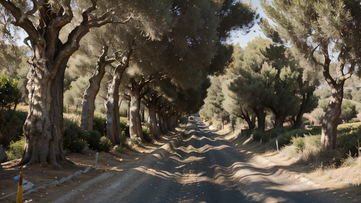 A hilly countryside is dotted with olive groves and sinister cypress trees, along the roads and near cemeteries, a stretch of sandy, yellow road is seen in the foreground, where long afternoon shadows cast the shadows of other cypresses that can be imagined outside the image plane