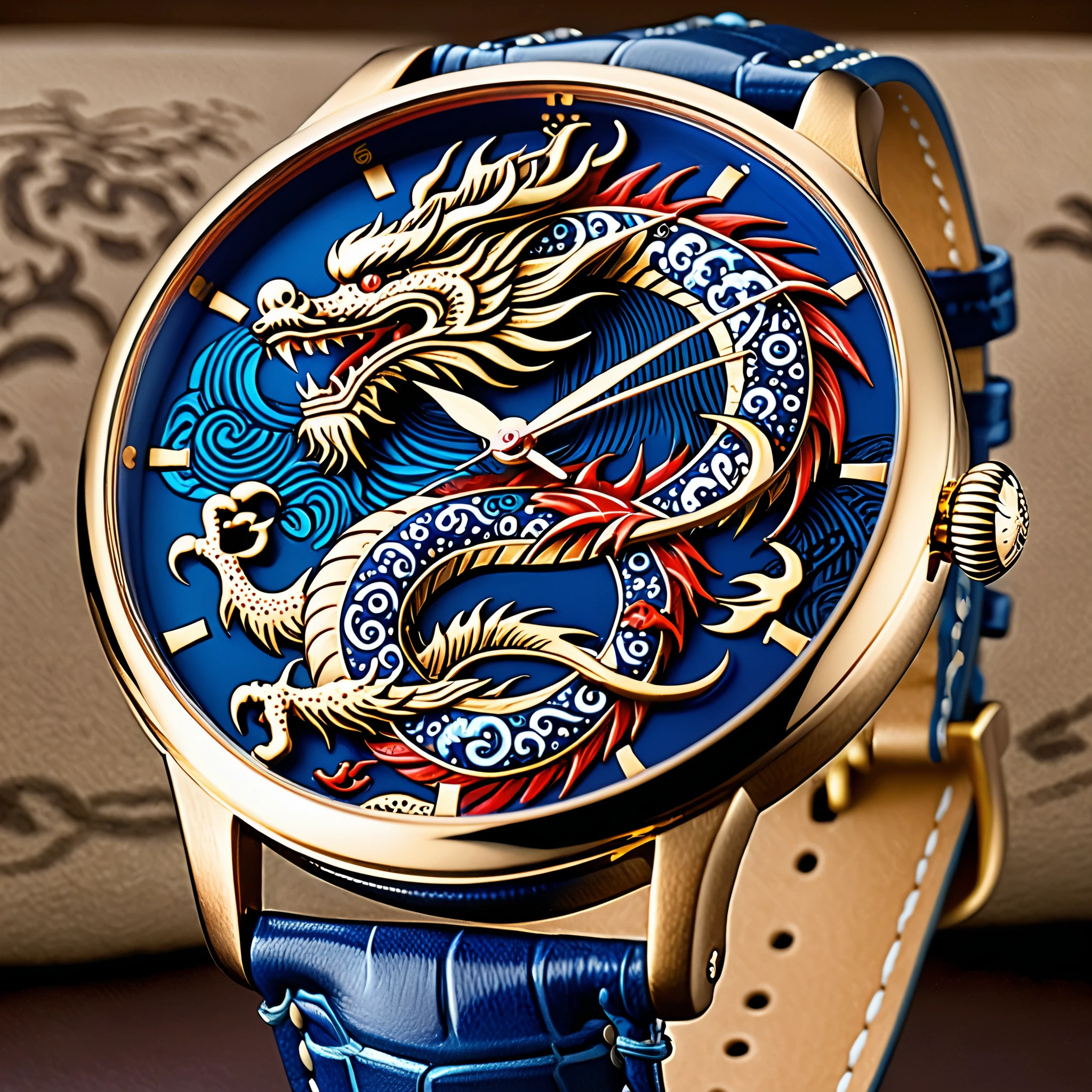 Sophisticated wristwatch design, featuring a dragon within the dial, is inspired by Japanese folk art and traditional culture. The dragon element in the watch face can be created using various artistic techniques that vividly display the dragon’s power and mystery. Blue dial, echoing the fresh and natural style of Japanese folk art, accompanied by a comfortable and durable blue leather strap. Japanese folk art style with detailed lines and precise craftsmanship that portray delicacy and magnificence in light-bronze and deep-red main colors. Detailed depiction of realism in the design, intricate cutting design on the dial dragon, visual impact and appeal, and incorporating kintsukuroi style detailing that adds unique rhythm. ,
