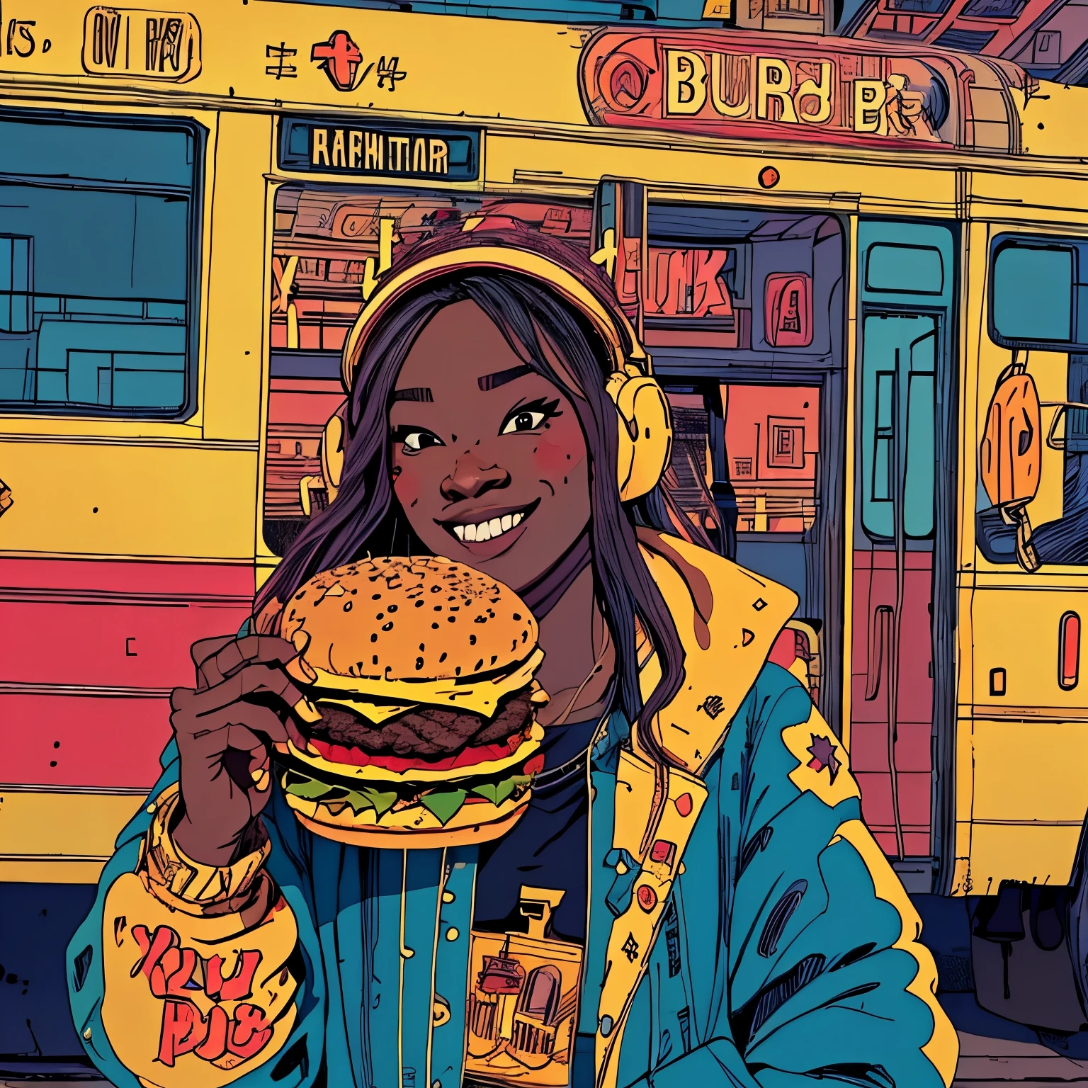 1girl, Write: in front a Bus written on the side burger on the bus in the background, stencil style art ,Close up fisheye Depth of field Close up pov view fisheye ,background a yellow bus in new York style, add red ti the background , dj dark skin dj wearing headphones dark skinned girl holding a big mac burger , juicy burger burger drink, cool and hip smile happy girl smiling exaggerated comic style character sheet design, outline body . Write (( bus burger )), Holding a big burger, big mac with sauce drippings