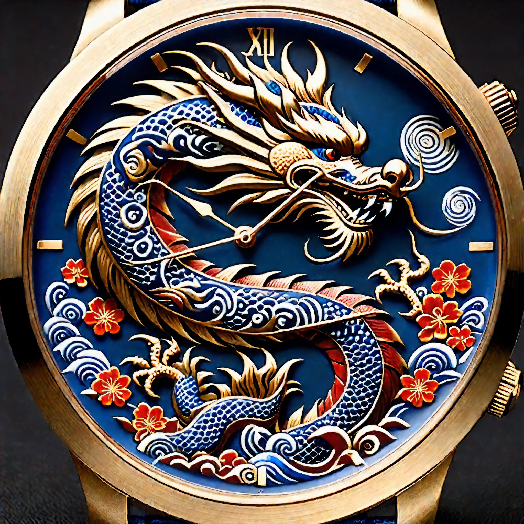 Sophisticated wristwatch design， featuring a dragon within the dial， is inspired by Japanese folk art and traditional culture. The dragon element in the watch face can be created using various artistic techniques that vividly display the dragon’s power and mystery. Blue dial， echoing the fresh and natural style of Japanese folk art， accompanied by a comfortable and durable blue leather strap. Japanese folk art style with detailed lines and precise craftsmanship that portray delicacy and magnificence in light-bronze and deep-red main colors. Detailed depiction of realism in the design， intricate cutting design on the dial dragon， visual impact and appeal， and incorporating kintsukuroi style detailing that adds unique rhythm. ,
