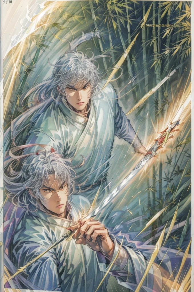 (illustration)comic page,There are multiple panels on the page:Hong Kong Comics《chinese hero》light,Ancient male swordsman Hua Yingxiong,clear facial features,white medium short hair, The eyes are stern,Black tone tunic,Holding a red ancient sword in his hand, Demonstrated clear lines。Multiplayer fighting action,生动的light,watercolor colors。chiaroscuro。【Wide-angle lens burst】::Battle of the Bamboo Forest,Exciting times,Loose shot - niji 5 --Q 2 --- 16K。 (Comics-like panel layout, speech balloon, Chinese text, Hong Kong Comics中文聲效字, Hand drawn sound effect stickers used in comics)