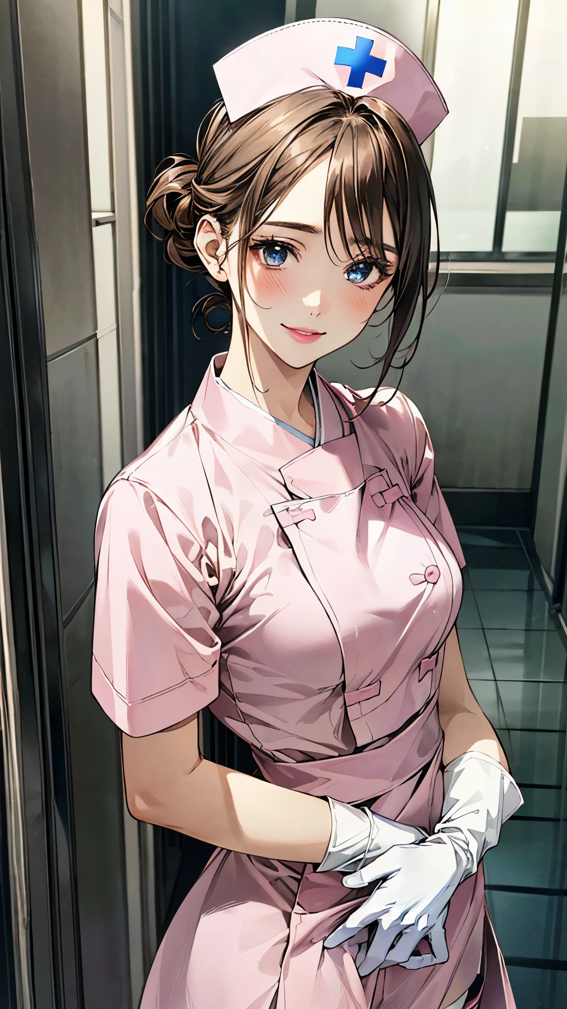 (masterpiece:1.2, top-quality, ultra high res, ultra detailed), (realistic, photorealistic:1.4), beautiful illustration, (natural side lighting, movie lighting),
looking at viewer, (face focus, upper body), 1 girl, japanese, nurse, 19 years old, perfect face, (perfect anatomy), cute and symmetrical face, , shiny skin, slender,
(middle hair:1.1, half updo:1.5, light brown hair), hair between eyes, blue eyes, pink lips, long eye lasher, (medium breasts),
beautiful hair, beautiful face, beautiful detailed eyes, beautiful clavicle, beautiful body, beautiful chest, beautiful thigh, beautiful legs, beautiful fingers,
((detailed cloth texture, nurse cap, short sleeves, light pink mini nurse wear, white legwear, zettai ryouiki, white gloves)),
(beautiful scenery), day time, (hospital hallway), walking, back view, (lovely smile, upper eyes),