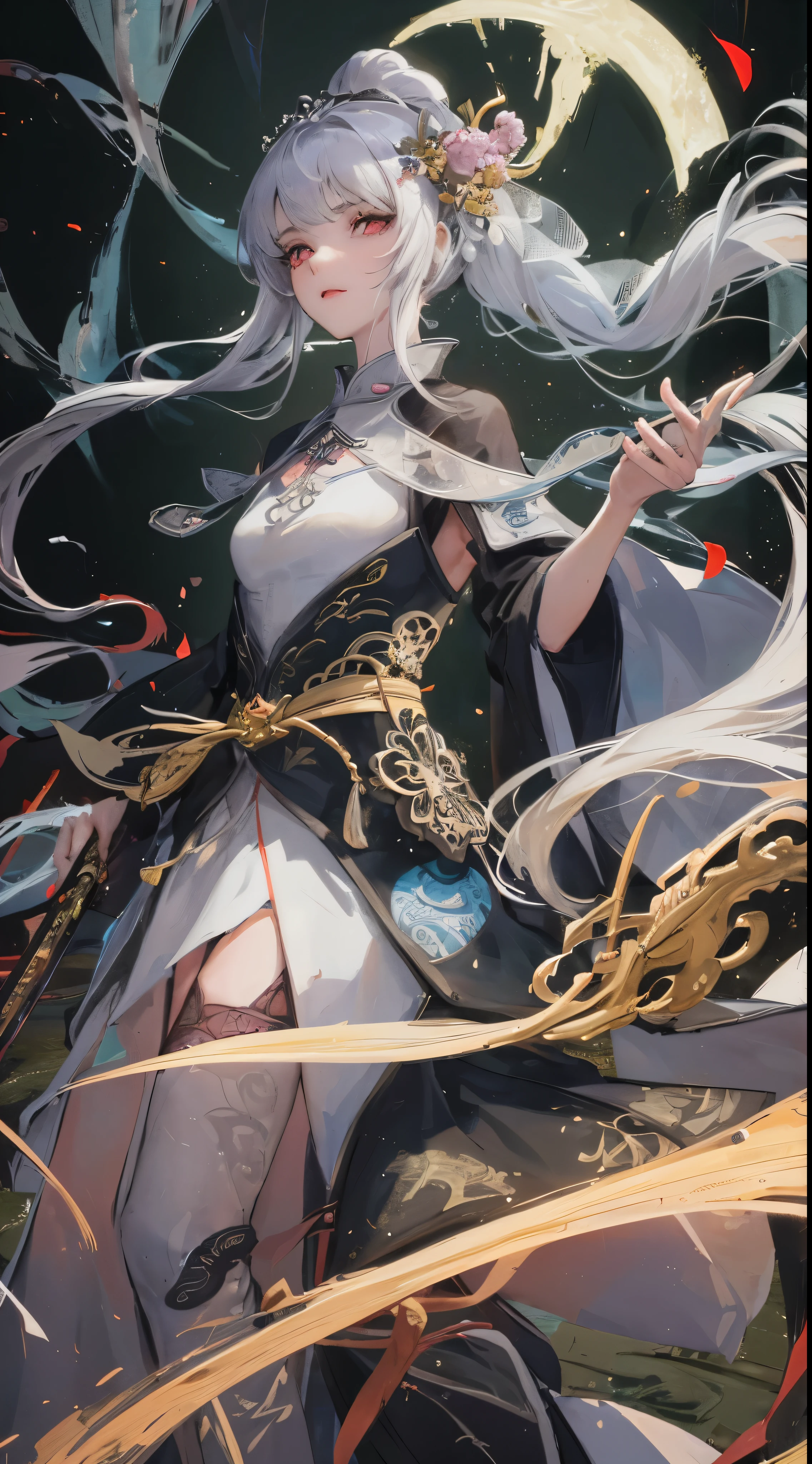 8K, Masterpiece, Best quality, Night, full moon, 1 girl, Chinese style, Chinese architecture, Mature woman, sister, Silver blue long haired woman, Long hair, Light pink lips, calm, logical, bangs, crystal pupils, assassins, Fan, Knife fan, petal dancing, Delicate face, sloppy hair, red eyes, pale skin, white open dress, translucent dress, veil, masterpiece, high quality, Excellent, 1 Girl, Chinese Style, Ancient China, Chinese Small Garden, Fish, Split Hair, Long Bangs, High Ponytail, Serious, Gentle, Tall, Quiet, Dark Clothes, Gray Clothes, Black Antique Robe, Chinese Divine Dragon Pattern