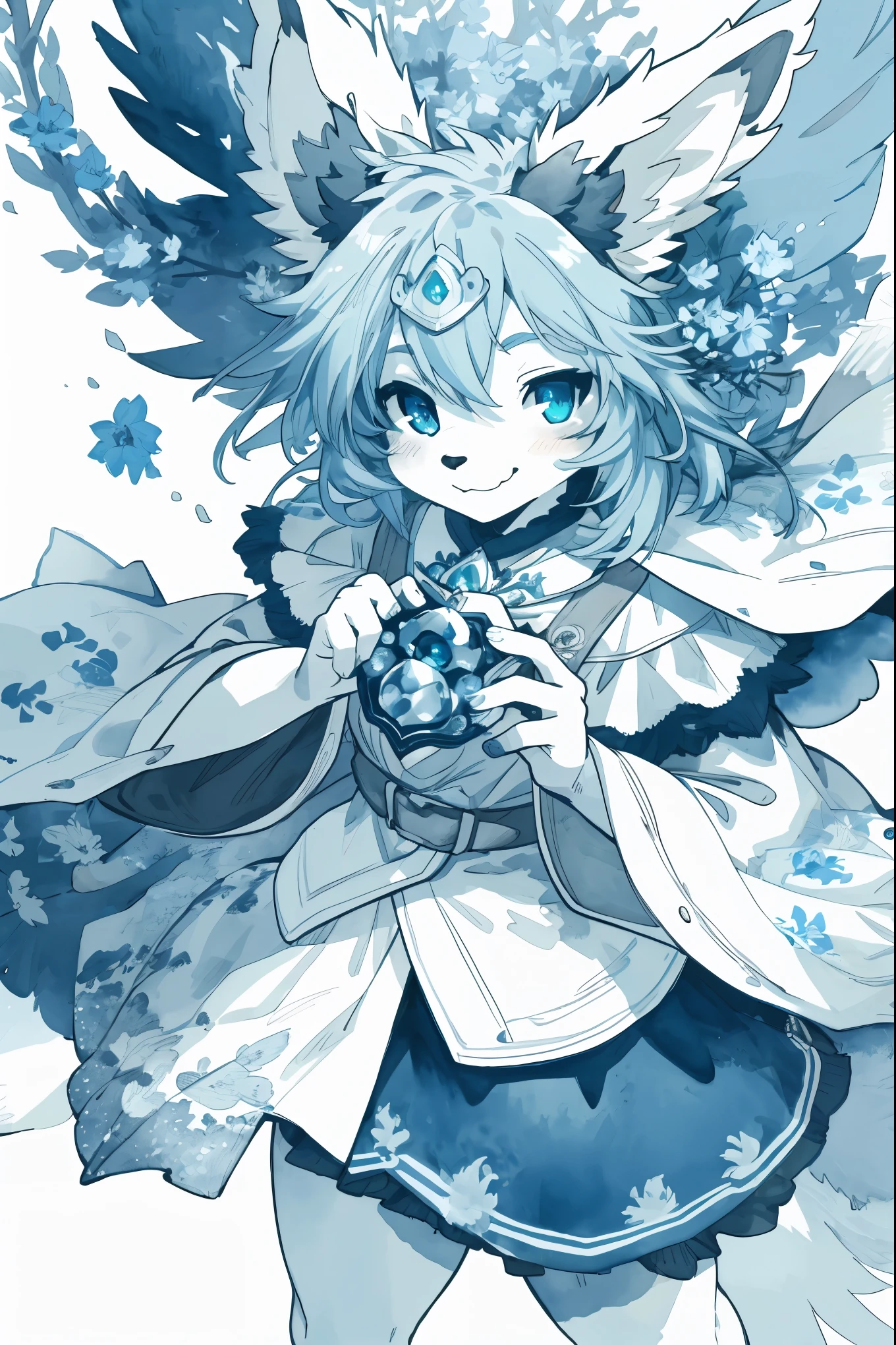 monochrome, watercolor, highres, top quality, best quality, paid reward available, High-quality illustrations, unparalleled masterpiece, perfect artwork, absurdres, 1girl, kemono, furry, detailed body fur, animal face, animal hand, Archaic Smile, holding a cluster of Blue iris in both hands, which are positioned at chest level, She is wearing a simple ring on the ring finger of her left hand, unfocused spread o Blue iris, fan-created work shared on platforms Pixiv or Twitter,