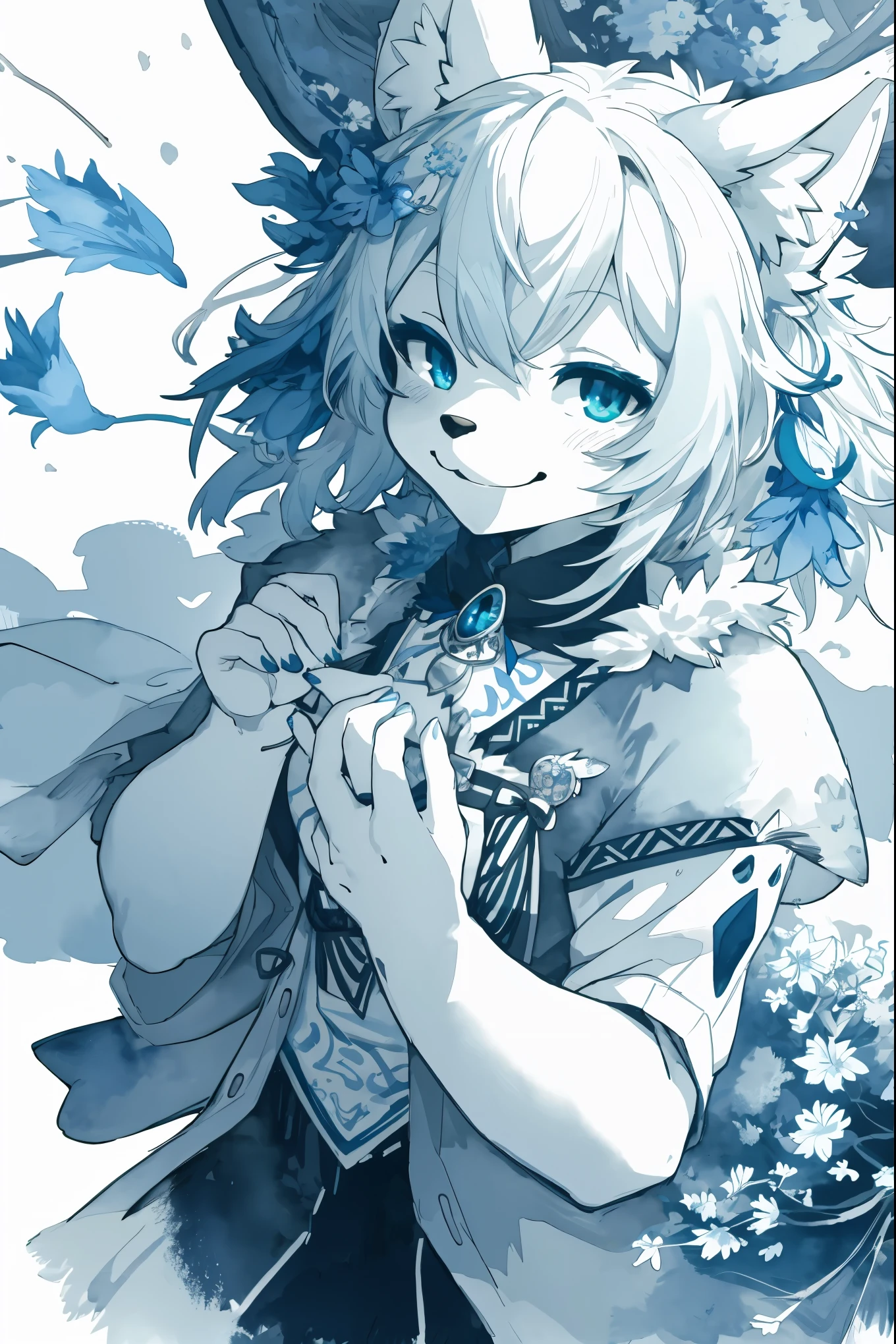monochrome, watercolor, highres, top quality, best quality, paid reward available, High-quality illustrations, unparalleled masterpiece, perfect artwork, absurdres, 1girl, kemono, furry, detailed body fur, animal face, animal hand, Archaic Smile, holding a cluster of Blue iris in both hands, which are positioned at chest level, She is wearing a simple ring on the ring finger of her left hand, unfocused spread o Blue iris, fan-created work shared on platforms Pixiv or Twitter,