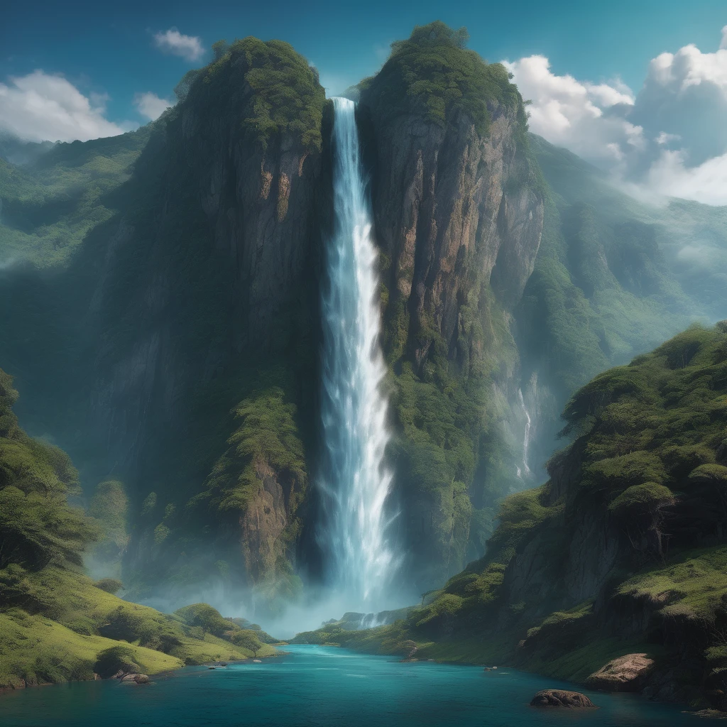 Waterfall, aesthetic, Waterfall and mountains, Epic cinematic brilliant stunning intricate meticulously detailed dramatic atmospheric maximalist digital matte painting, landscape