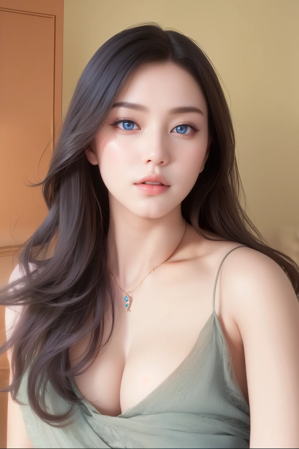 Beautiful big breastokeh), indoors, detailed luxury living room, gentle and charming beautiful goddess, Korean(kpop-idol), solo, necklace, oval face, double eyelids, smart, good hands, good feet, Natural, (from below angle), (glossy skin:1.05), ((low angle)), Perfect figure, (64k, UHD, RAW photo, best quality, masterpiece:1.4), (realistic, photo-realistic:1.37), ultra high res, photon mapping, radiosity, physically-based rendering, professional soft lighting, blue eyes, purpel hair