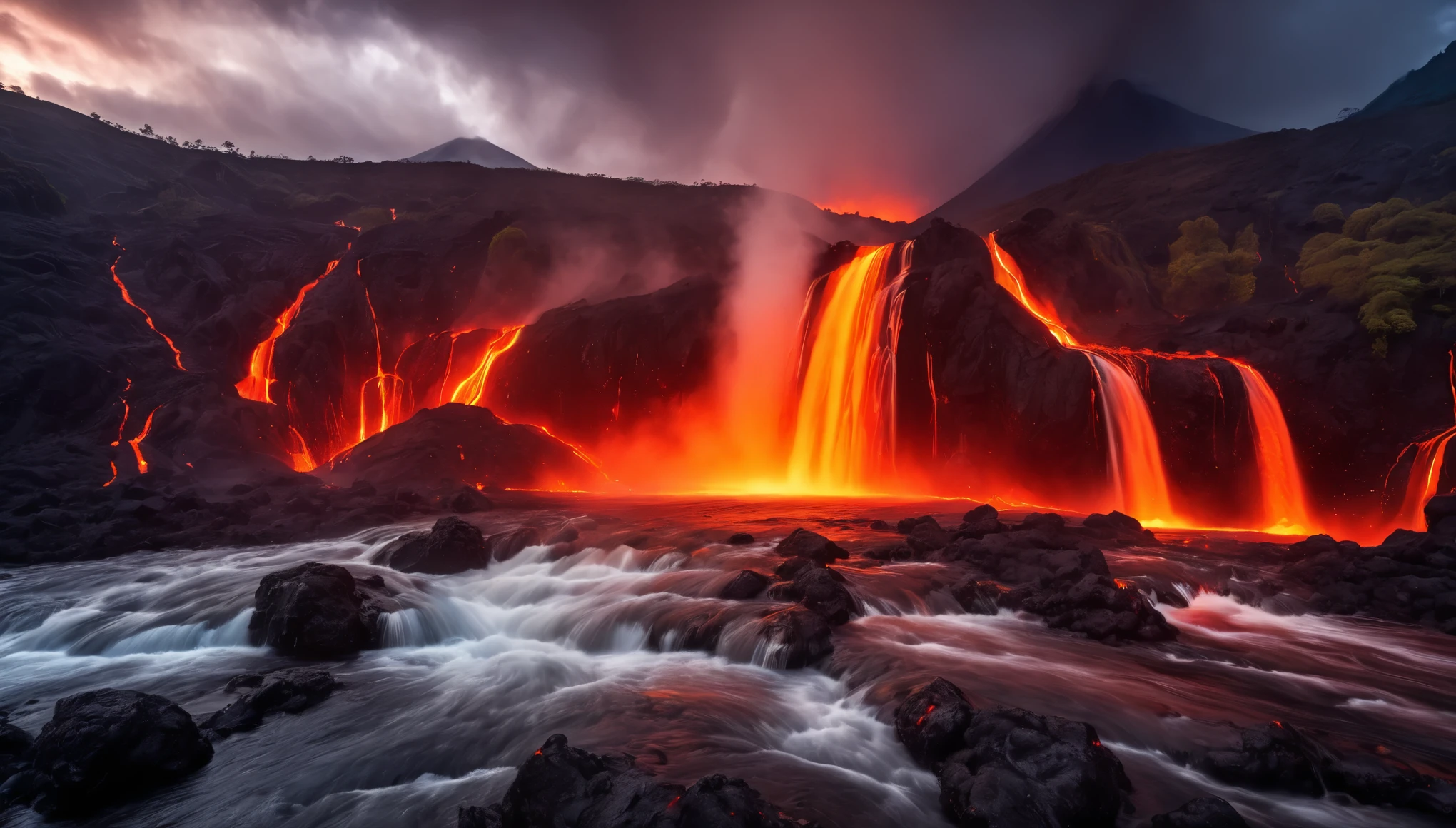 realistic photo, masterpiece, detailed, great and high waterfall, lava river (lava), magma river, volcano, fire, beautiful mountainous area, water vapor from a place where water mix with lava (magma), immersive background, cascading, trees, some dark clouds with lightning over volcano, beutiful landscape photography, hdr, raw photo,