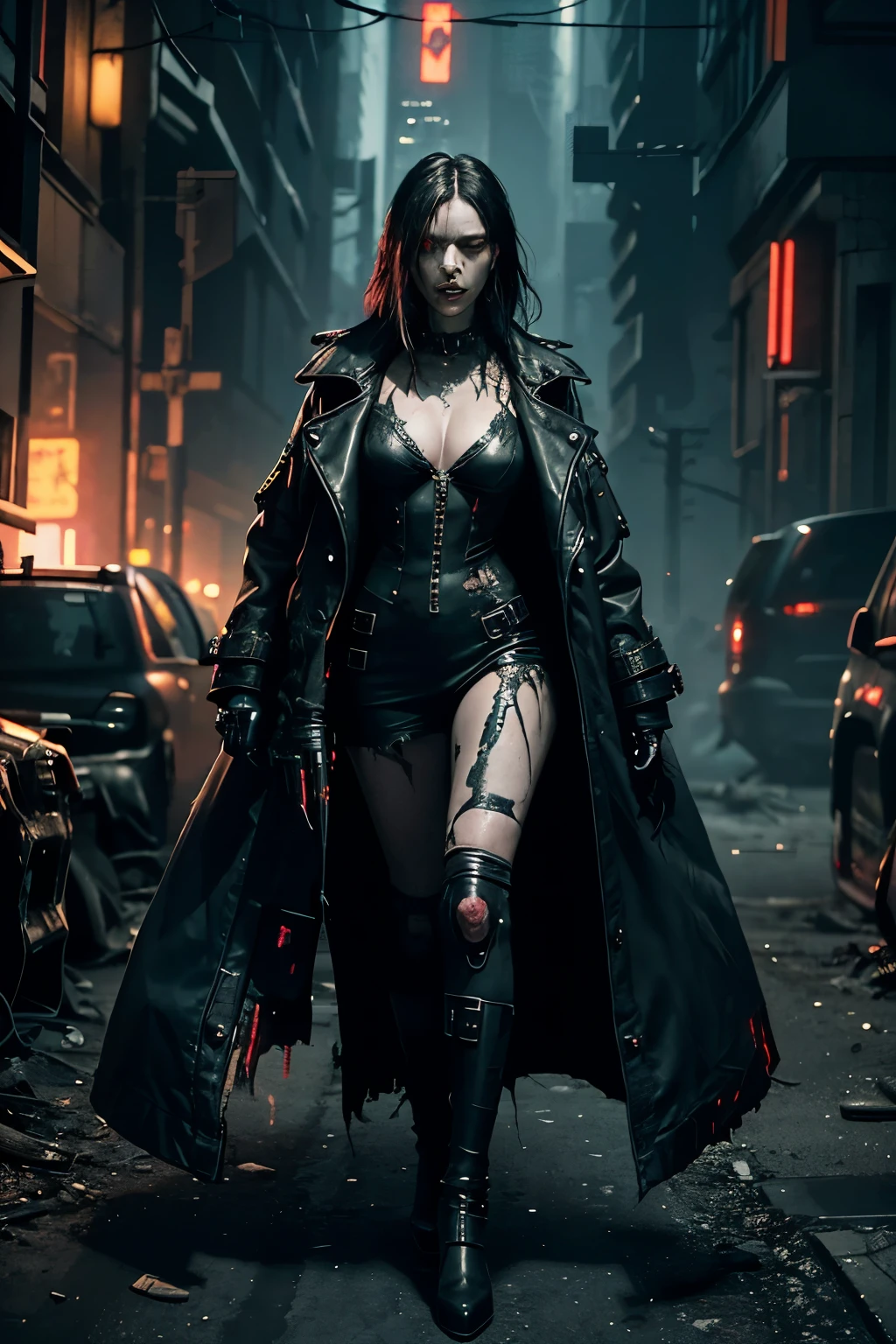 In the heart of a dystopian metropolis, a full body zombie woman emerges from the shadows. Her decaying flesh clings to her skeletal frame, each detail intricately rendered in dark cyberpunk horror style. Her eyes, sunken and empty, fixate on the viewer with a disdainful gaze. She wears a sexually explicit leather outfit, every stitch and buckle visible in the raymond swanland style. The disgusting decay of her flesh is emphasized by the futuristic, gothic-cyberpunk decorative art of the background.
A cyberpunk detective, clad in a trench coat, approaches her