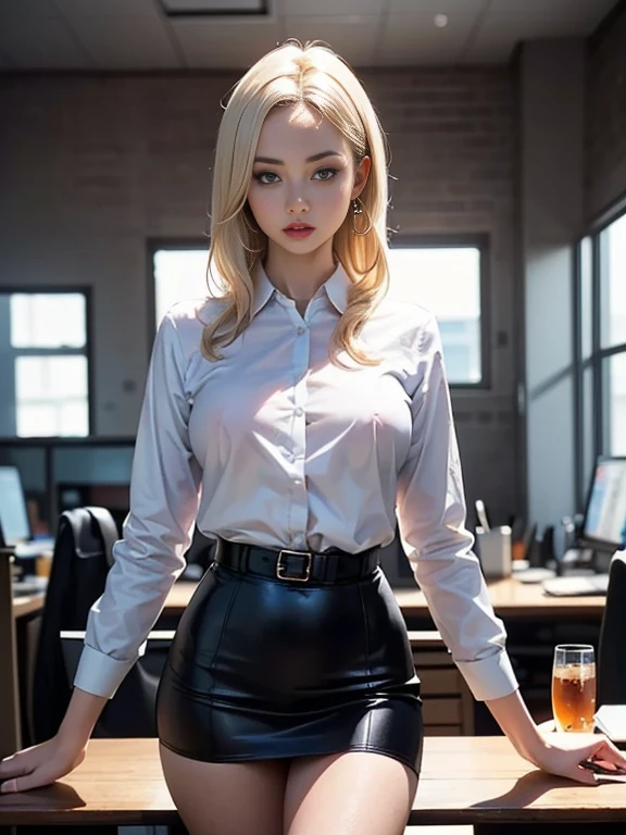 (best quality, 8k, highres, photorealistic:2.0), (solo, one girl:2.0),(lighting: front),(lighting: strong),(ultimate beautiful girl:2.0),(shiny skin),(oily skin),(platinum blonde hair:1.5),Blush brown makeup , dark eye makeup , use pink glossy lipstick,(big eyes girl:1.5),(woman with slender figure:1.5),(Photographed in the sophisticated office of an information technology company:1.8),(elite business woman:1.8),(girl amazing sex appeal:1.5),(ultimate eleance),(ultimate erotic),(Career woman who can work very well),(I'm so absorbed in work that I don't have a boyfriend),(woman not interested in love),(I'm not interested in fashion),(I wear accessories that do not interfere with my work.),(she has no love experience at all),(she feels alone),(She is not good at talking to men),(she is shy and silent),(I don't want to stand out and I'm concerned about people's attention),(She has a dark personality and negative thoughts.:1.5),(she suffers from depression),(She has many complexes and has no one to rely on.),(A woman who takes her work seriously),(I'm a little unwell),(I like coffee and drink it all the time),(mentally unstable),(I have a hard time with insomnia.),(unpopular woman),(unconfident:1.5),(want pure love),(plain and introverted woman:1.3),(She has a hobby that she cannot tell anyone about, and that is masturbation.),(she fantasizes about sex),(she is pure),(prefers formal and Ultra sexy clothes),(erect nipples inside the shirt),(wearing a mini skirt)
