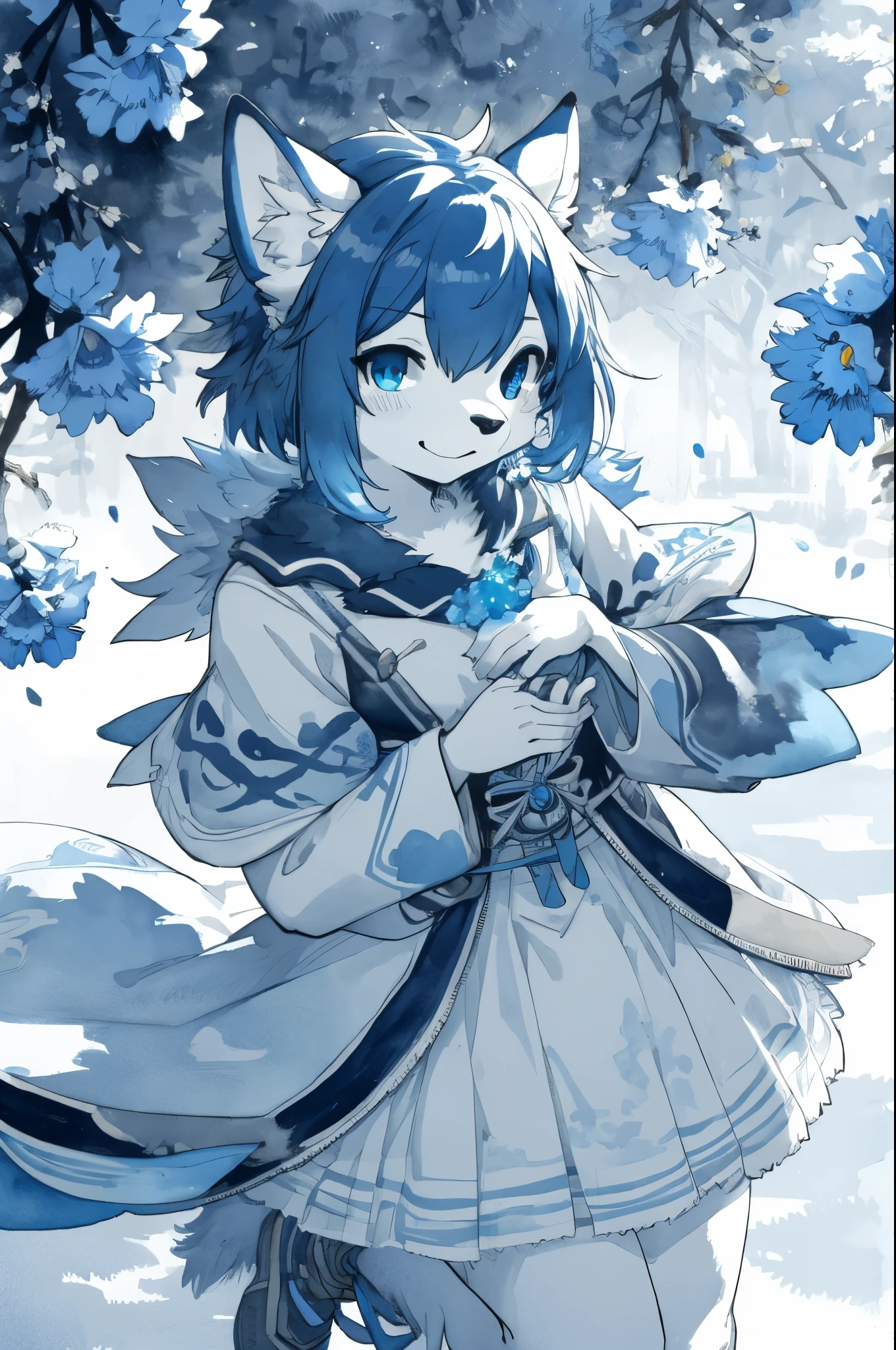 monochrome, watercolor, highres, top quality, best quality, paid reward available, High-quality illustrations, unparalleled masterpiece, perfect artwork, absurdres, 1girl, kemono, furry, detailed body fur, animal face, animal hand, Archaic Smile, holding a cluster of Blue iris in both hands, which are positioned at chest level, She is wearing a simple ring on the ring finger of her left hand, unfocused spread o Blue iris, fan-created work shared on platforms Pixiv or Twitter,