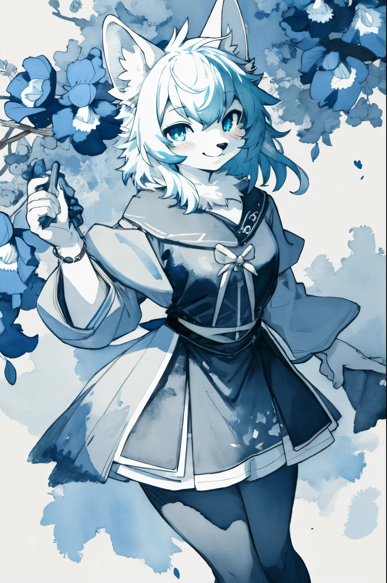 monochrome, watercolor, highres, top quality, best quality, paid reward available, High-quality illustrations, unparalleled masterpiece, perfect artwork, absurdres, 1girl, kemono, furry, detailed body fur, animal face, animal hand, Archaic Smile, holding a cluster of Blue iris in both hands, which are positioned at chest level, She is wearing a simple ring on the ring finger of her left hand, unfocused spread o Blue iris, fan-created work shared on platforms Pixiv or Twitter,