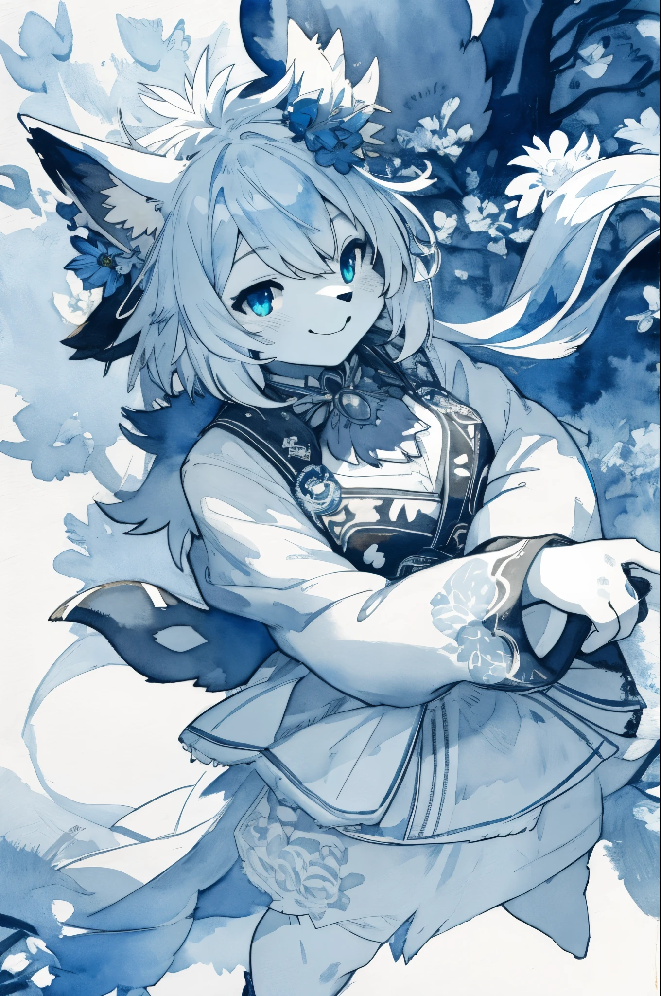 monochrome, watercolor, highres, top quality, best quality, paid reward available, High-quality illustrations, unparalleled masterpiece, perfect artwork, absurdres, 1girl, kemono, furry, detailed body fur, animal face, animal hand, Archaic Smile, holding a cluster of Blue iris in both hands, which are positioned at chest level, She is wearing a simple ring on the ring finger of her left hand, unfocused spread o Blue iris, fan-created work shared on platforms Pixiv or Twitter,