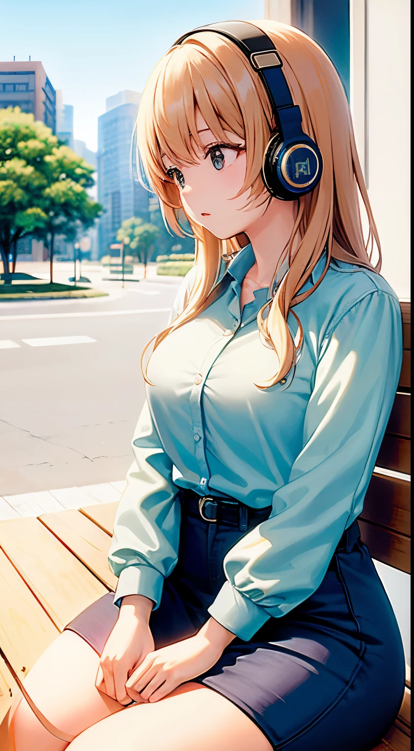Megumi Kato, (masterpiece: 1.8, highest quality, 8k resolution, ultra-detailed figure: 1.6), lone girl, lost in thoughts, contemporary cityscape as backdrop, close-up profile picture, radiant blonde beige hair cascading down her shoulders, captivating green eyes with intricate and beautiful details, finely sculpted facial features, sitting cross-legged on a bench, headphones engulfing her ears, trending on Art Station, introduced on pixiv. Soft natural light filters through the tall buildings, casting long and interesting shadows on her serene face. The urban surroundings are vibrantly depicted with a touch of realism and