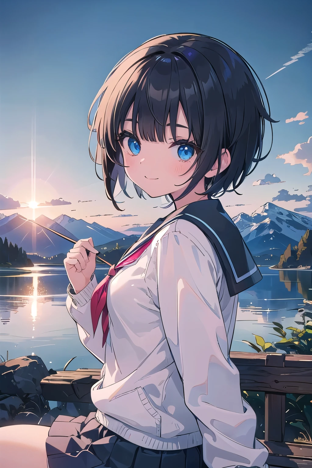 (masterpiece:1.2), (highest quality:1.2), Upper body, perfect eyes, perfect face, perfect lighting, mountainous horizon, 1 girl, 1 boy, black hair, blue eye, ((very short back hair)), blunt bangs, cute eyes, Medium chest , ((From the side)),from below, closed mouth, vivid description,orgasm, I was scared, Ahegao, smile+Happy, tooth, anger, From the side, sitting, school uniform, cardigan