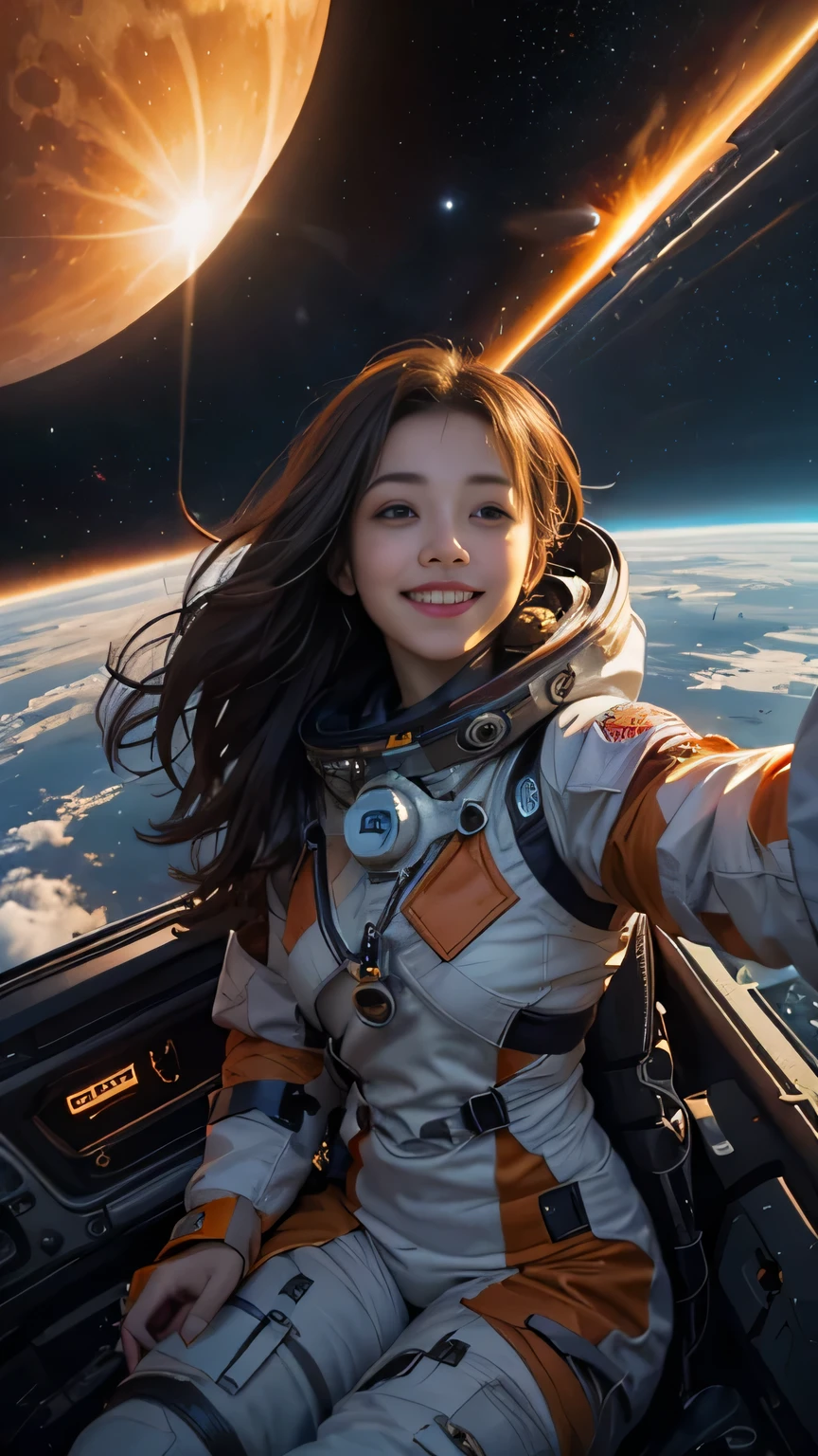 xxmixgirl,1girl, fisheye, selfie, wind, messy hair, sunset,smiling,FilmGirl, Generate a lively and enchanting scene portraying a girl with flowing hair, radiating joy in a orange spacesuit. Picture her inside a futuristic spacecraft, capturing a moment of pure enthusiasm as she takes a selfie. planet mercury and huge sun visible in the background. The spacecraft's interior is sleek and modern, adorned with high-tech elements and large windows that offer breathtaking view of planet mercury from space in vast expanse of space galaxy, The girl's genuine smile reflects her excitement as she embarks on a journey to venus, showcasing the adventurous spirit of space exploration, orange space suit