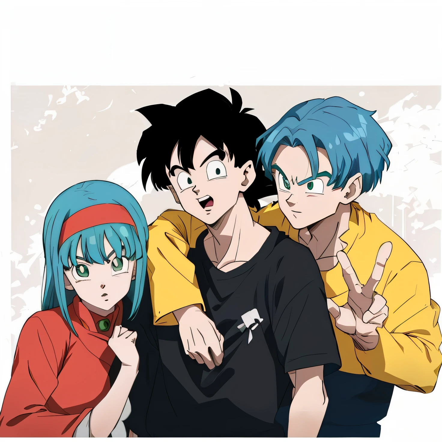 Three Dragon Ball characters posing for a photo, 1girl, 2men, beautiful girl with green hair, estilo Dragon Ball, corpo perfeito 