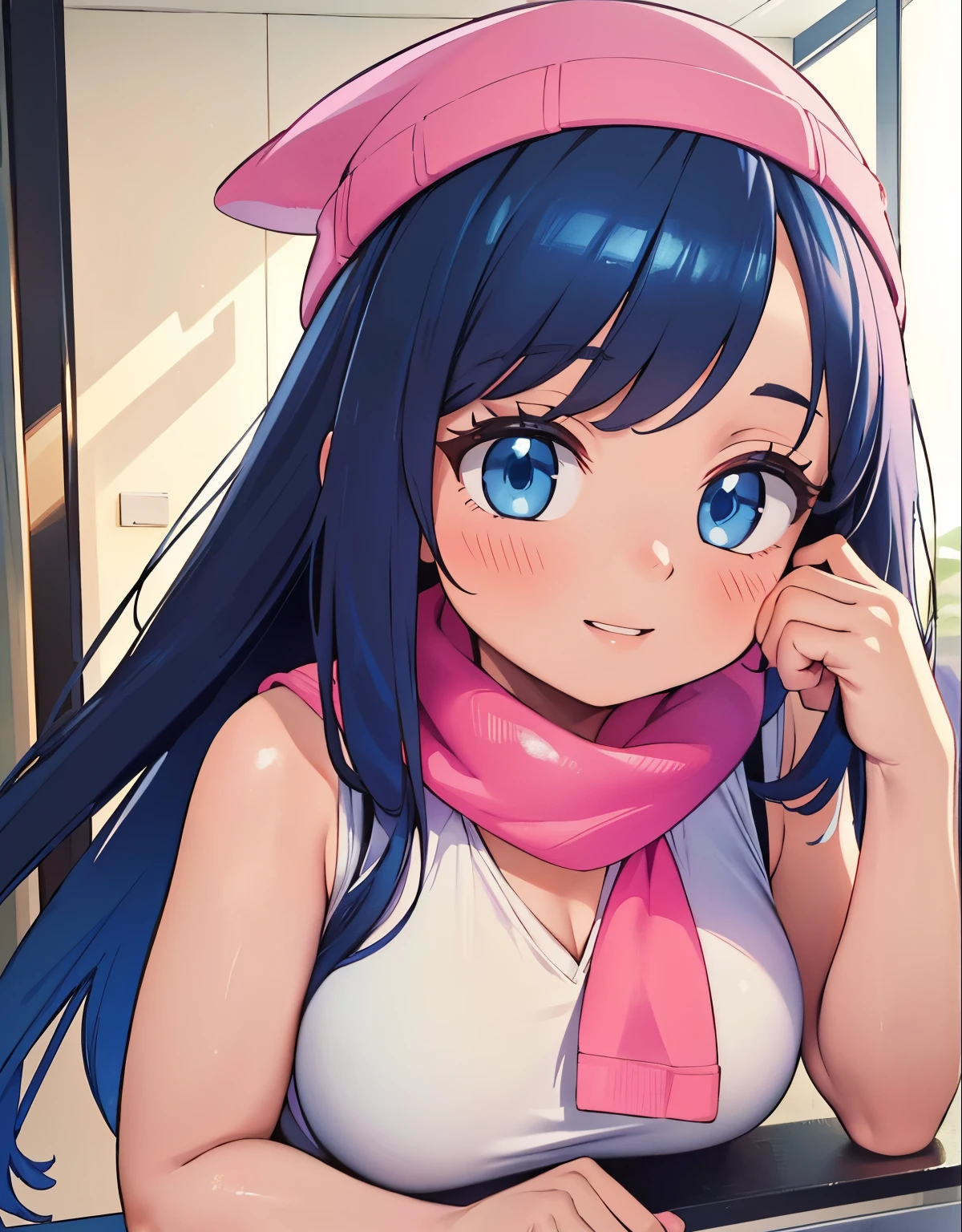 (best quality,4k,8k,highres,masterpiece:1.2),ultra-detailed,(realistic,photorealistic,photo-realistic:1.37)highres,portrait,beautiful girl,taking a selfie in a public bathroom mirror,glossy reflection,\(pokemon\), beanie, long hair, blue hair, blue eyes, detailed eyes, beautiful eyes, black sleeveless shirt, pink scarf, pink skirt, pink boots, body shape, chubby thighs, down blouse,[metallic mirror],vibrant colors,soft lighting,hint of mystery,subtle smile,stylish outfit,impressive attention to facial details,expressive eyes,luscious lips,long eyelashes,shiny hair flowing down,urban backdrop,modern ambiance