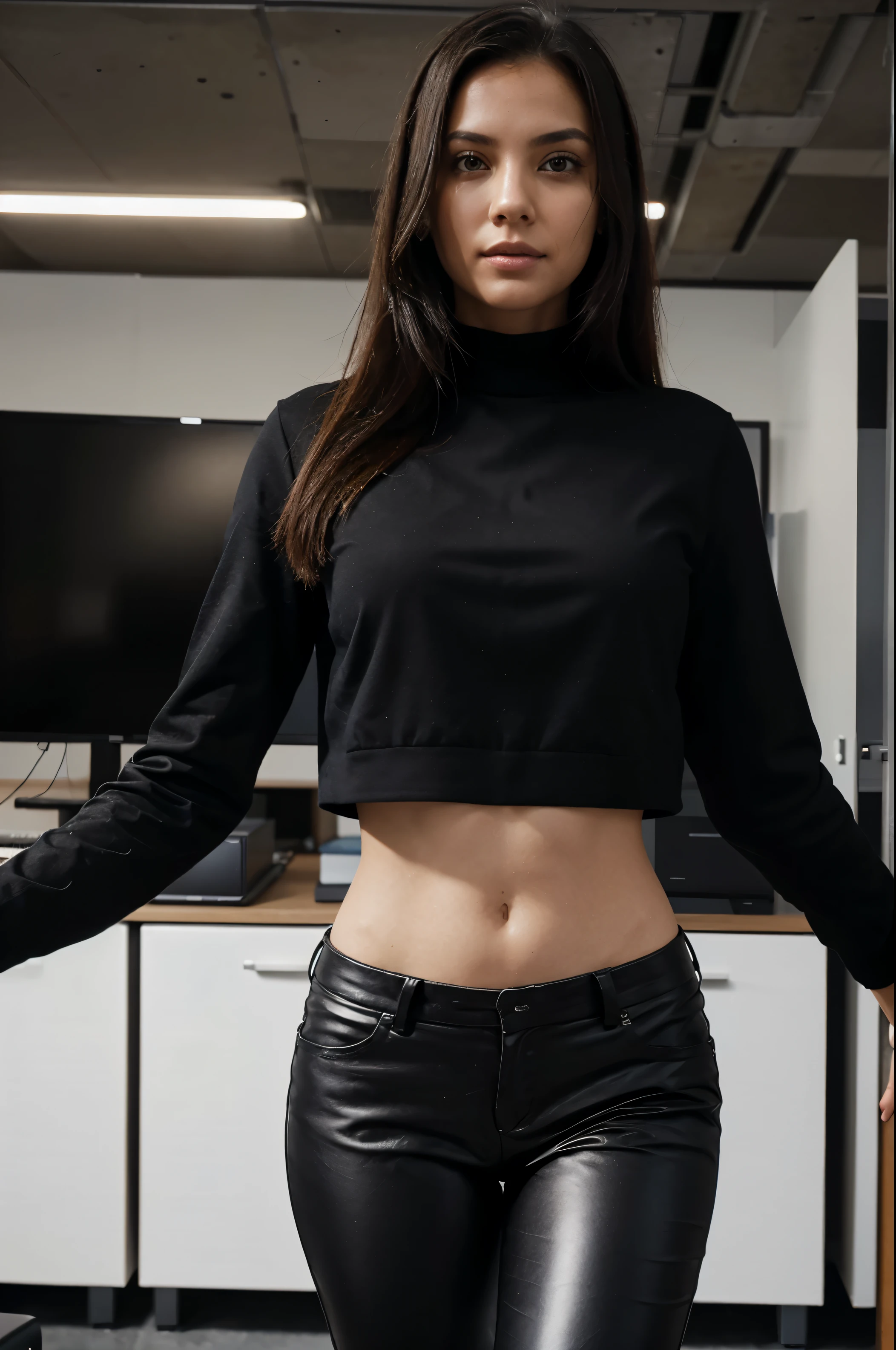 Capture her in a modern tech startup office, immersed in innovative projects and cutting-edge technology. She's dressed in sleek business casual attire black pant, exuding confidence and leadership as she navigates the fast-paced world of entrepreneurship.