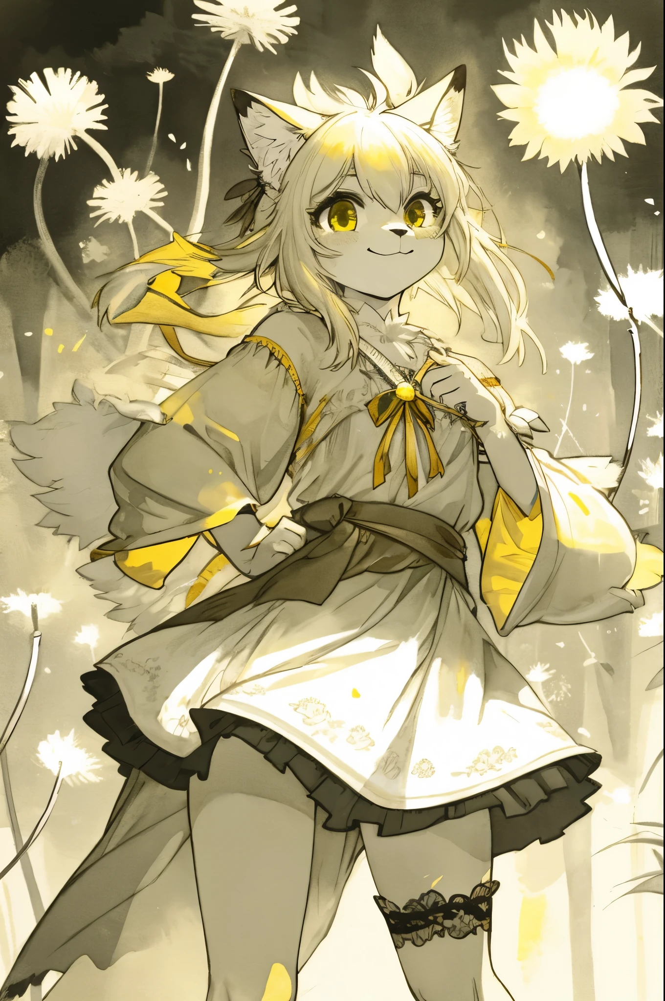 monochrome, watercolor, highres, top quality, best quality, paid reward available, High-quality illustrations, unparalleled masterpiece, perfect artwork, absurdres, 1girl, kemono, furry, detailed body fur, animal face, animal hand, Archaic Smile, holding a cluster of pastel yellow dandelion in both hands, which are positioned at chest level, She is wearing a simple ring on the ring finger of her left hand, unfocused spread o f dpastel yellow dandelion, fan-created work shared on platforms Pixiv or Twitter,