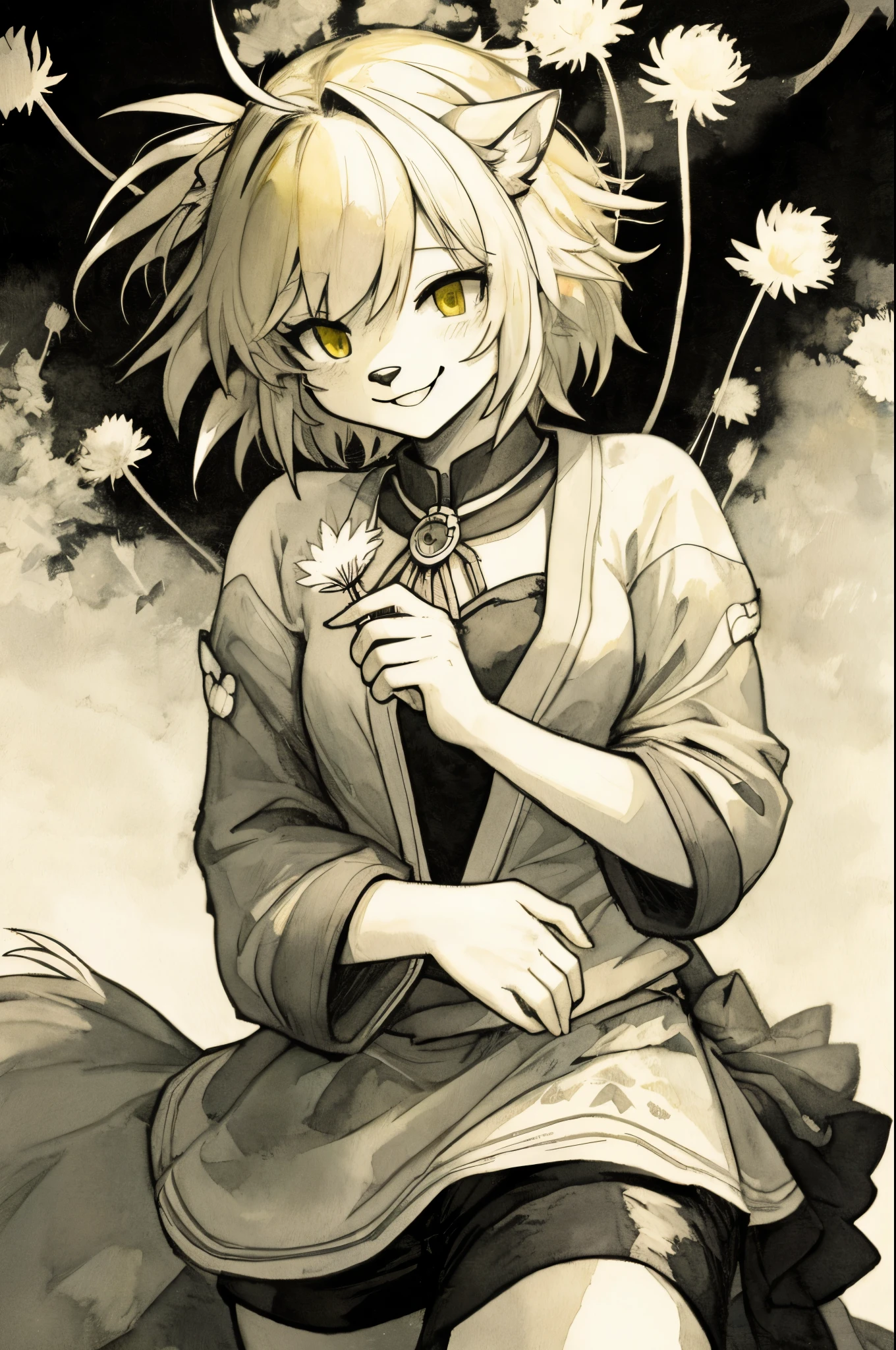 monochrome, watercolor, highres, top quality, best quality, paid reward available, High-quality illustrations, unparalleled masterpiece, perfect artwork, absurdres, 1girl, kemono, furry, detailed body fur, animal face, animal hand, Archaic Smile, holding a cluster of pastel yellow dandelion in both hands, which are positioned at chest level, She is wearing a simple ring on the ring finger of her left hand, unfocused spread o f dpastel yellow dandelion, fan-created work shared on platforms Pixiv or Twitter,