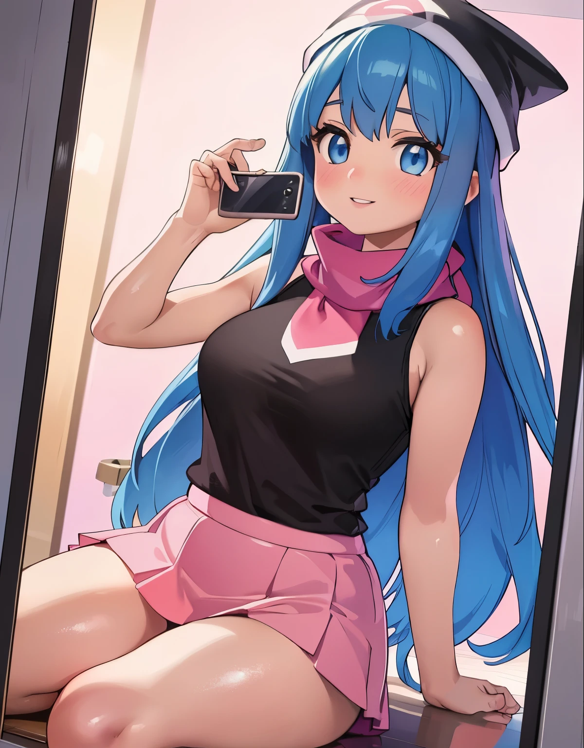 (best quality,4k,8k,highres,masterpiece:1.2),ultra-detailed,(realistic,photorealistic,photo-realistic:1.37)highres,portrait,beautiful girl,taking a selfie in a public bathroom mirror, full body,glossy reflection,\(pokemon\), beanie, long hair, blue hair, blue eyes, detailed eyes, beautiful eyes, black sleeveless shirt, pink scarf, pink skirt, pink boots, body shape, chubby thighs, down blouse,[metallic mirror],vibrant colors,soft lighting,hint of mystery,subtle smile,stylish outfit,impressive attention to facial details,expressive eyes,luscious lips,long eyelashes,shiny hair flowing down,urban backdrop,modern ambiance