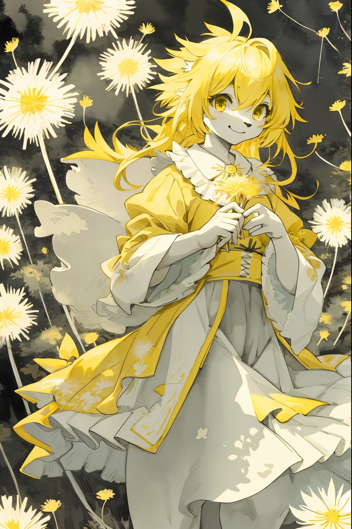 monochrome, watercolor, highres, top quality, best quality, paid reward available, High-quality illustrations, unparalleled masterpiece, perfect artwork, absurdres, 1girl, kemono, furry, detailed body fur, animal face, animal hand, Archaic Smile, holding a cluster of pastel yellow dandelion in both hands, which are positioned at chest level, She is wearing a simple ring on the ring finger of her left hand, unfocused spread o f dpastel yellow dandelion, fan-created work shared on platforms Pixiv or Twitter,