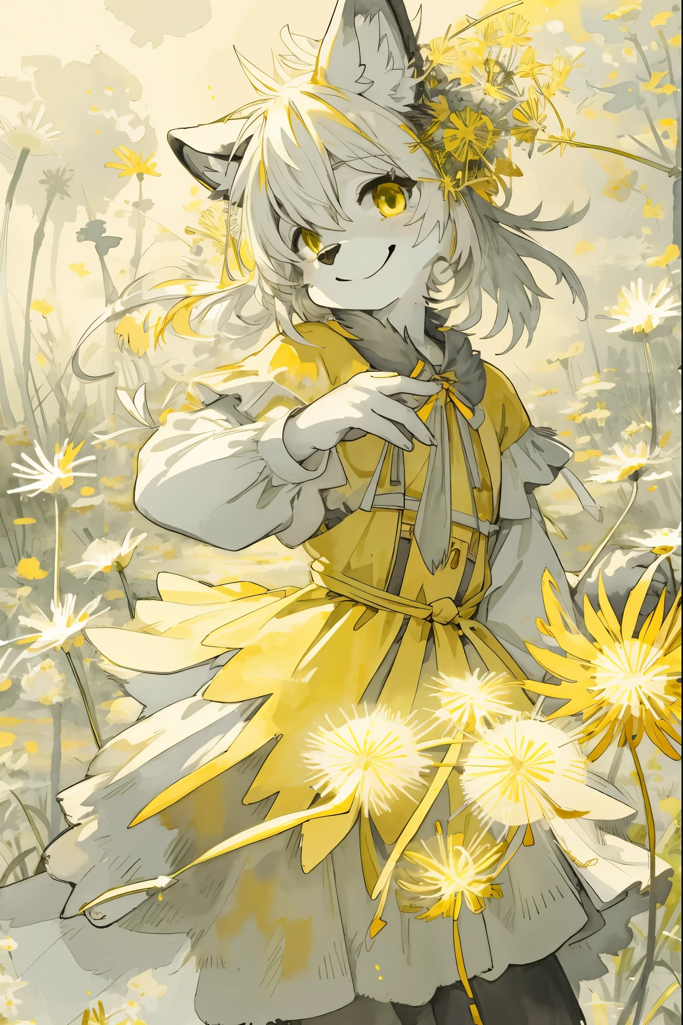 monochrome, watercolor, highres, top quality, best quality, paid reward available, High-quality illustrations, unparalleled masterpiece, perfect artwork, absurdres, 1girl, kemono, furry, detailed body fur, animal face, animal hand, Archaic Smile, holding a cluster of pastel yellow dandelion in both hands, which are positioned at chest level, She is wearing a simple ring on the ring finger of her left hand, unfocused spread o f dpastel yellow dandelion, fan-created work shared on platforms Pixiv or Twitter,