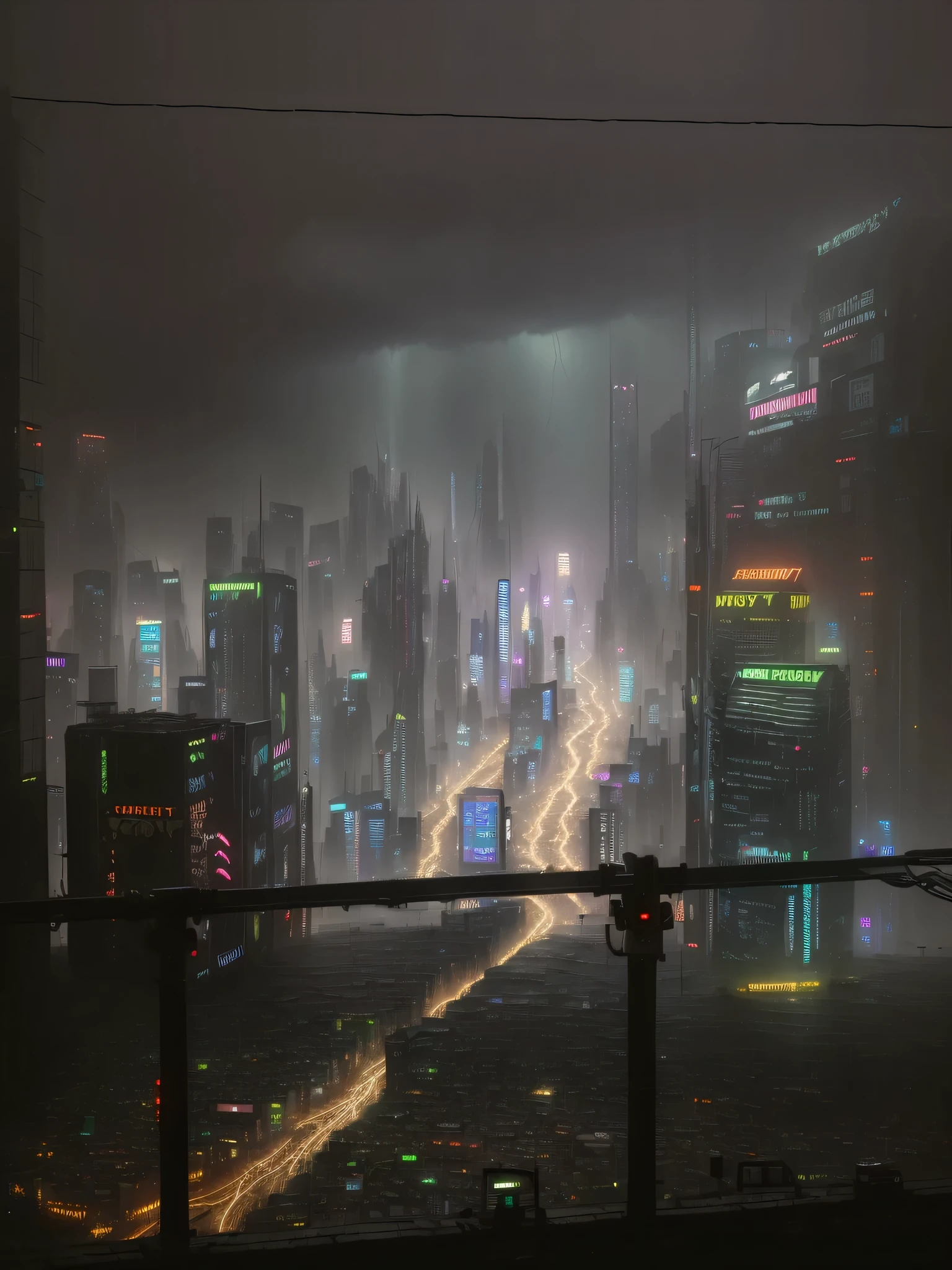 ((best quality)), ((masterpiece)), (detailed), a photo of a heavily congested cyberpunk city,(dramatic pose:1.5), (heavy rain:1.3), lightning and thunderstorm, dystopian futuristic dark city at night, neon city lights, street life background, intricate, side light, ultra high res, professional lighting, high quality make up, eye makeup