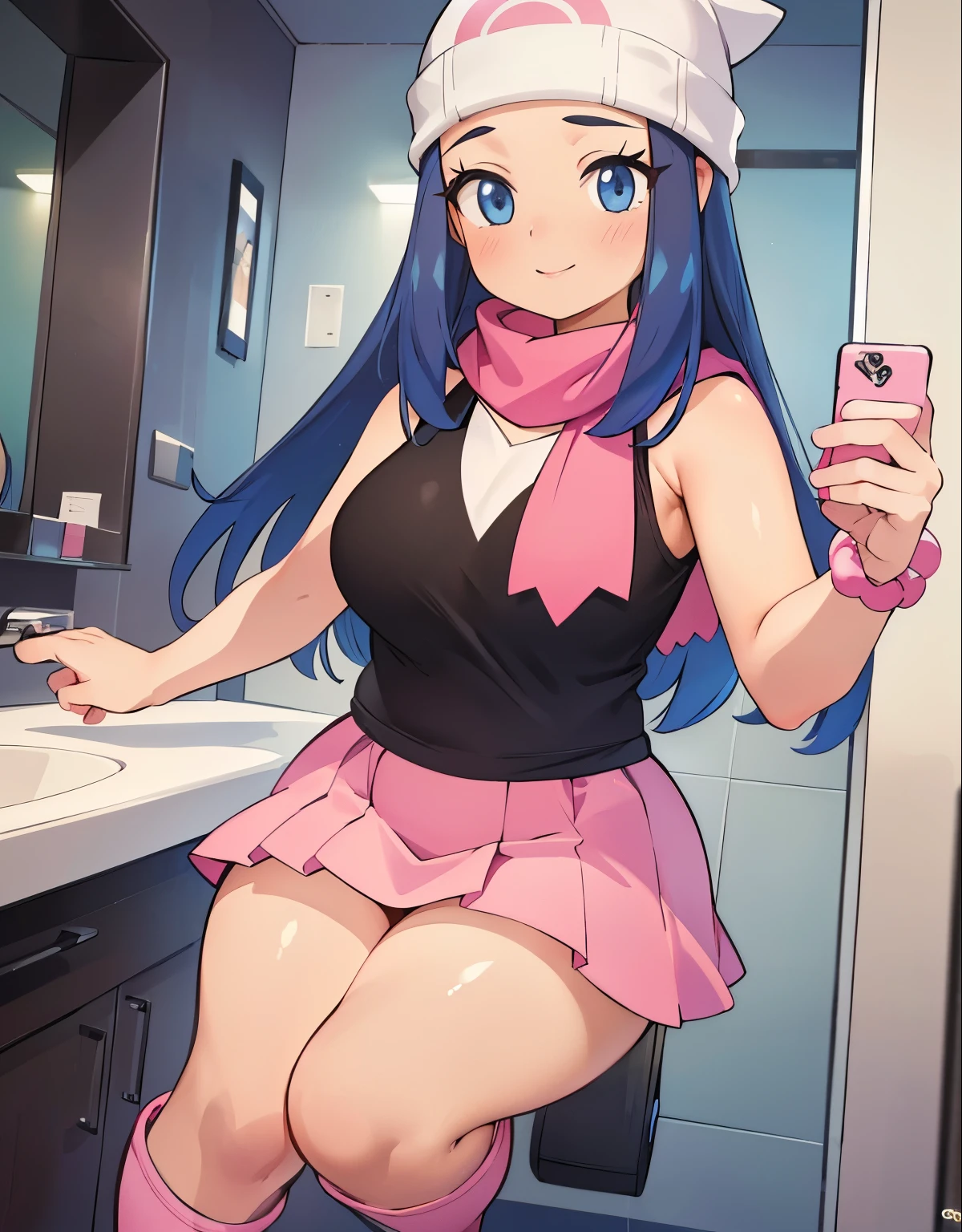 (best quality,4k,8k,highres,masterpiece:1.2),ultra-detailed,(realistic,photorealistic,photo-realistic:1.37)highres,portrait,beautiful girl,taking a selfie in a public bathroom mirror, full body,glossy reflection,\(pokemon\), beanie, long hair, blue hair, blue eyes, detailed eyes, beautiful eyes, black sleeveless shirt, pink scarf, pink skirt, pink boots, body shape, chubby thighs, down blouse,[metallic mirror],vibrant colors,soft lighting,hint of mystery,subtle smile,stylish outfit,impressive attention to facial details,expressive eyes,luscious lips,long eyelashes,shiny hair flowing down,urban backdrop,modern ambiance